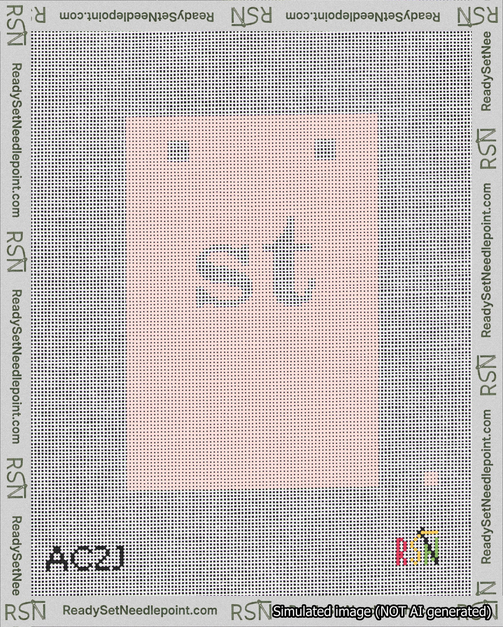 A taped needlepoint canvas with the design: Banner 18 mesh count Squared st White on Pink.