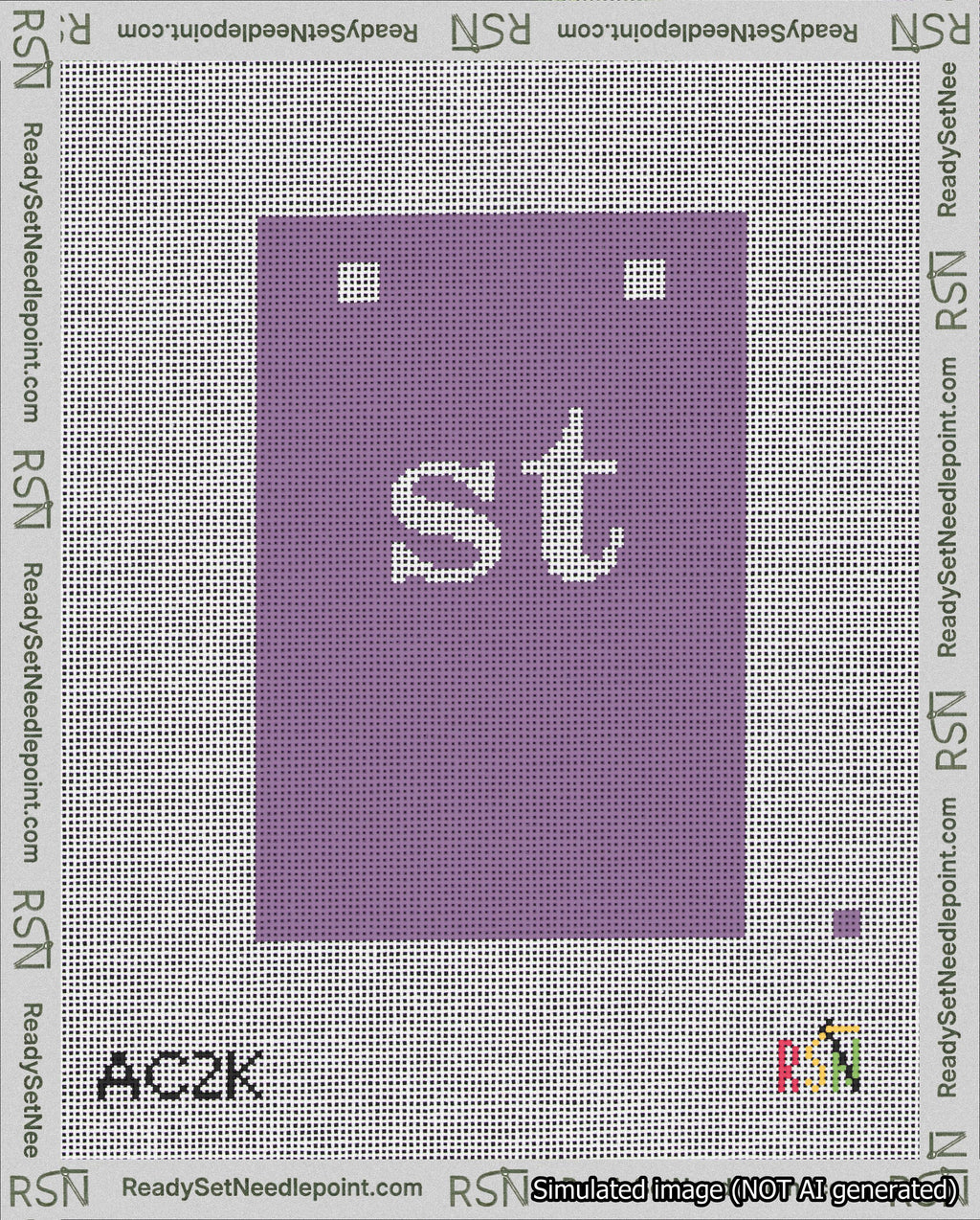 A taped needlepoint canvas with the design: Banner 18 mesh count Squared st White on Purple.