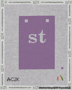 A taped needlepoint canvas with the design: Banner 18 mesh count Squared st White on Purple.