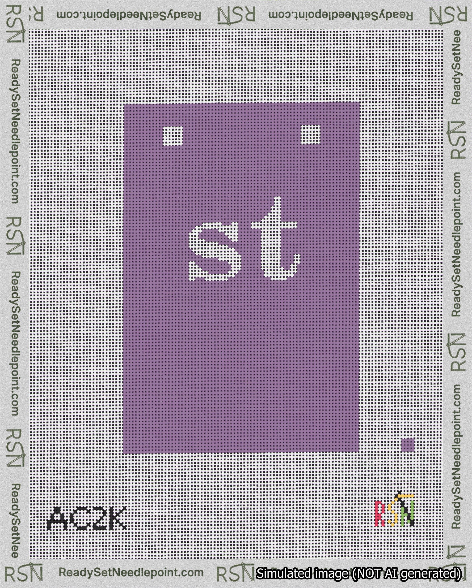 A taped needlepoint canvas with the design: Banner 18 mesh count Squared st White on Purple.