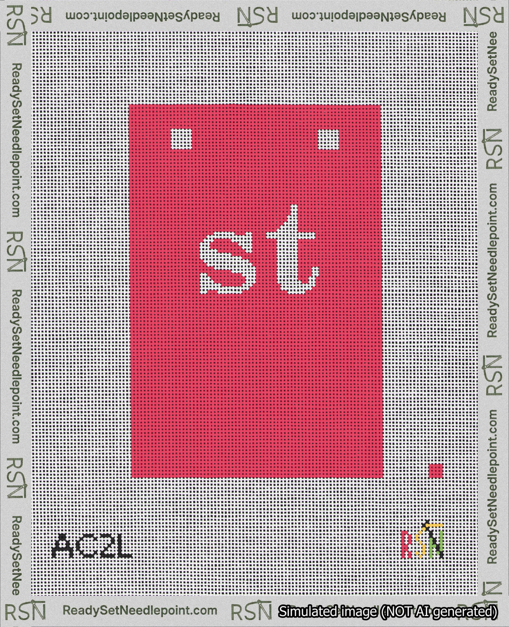 A taped needlepoint canvas with the design: Banner 18 mesh count Squared st White on Red.