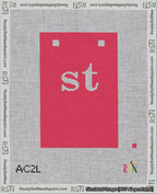 A taped needlepoint canvas with the design: Banner 18 mesh count Squared st White on Red.