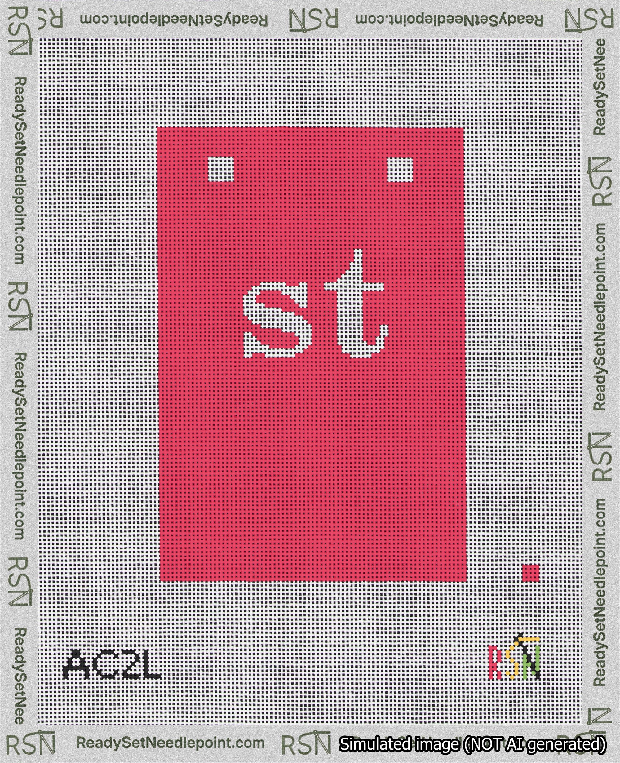 A taped needlepoint canvas with the design: Banner 18 mesh count Squared st White on Red.