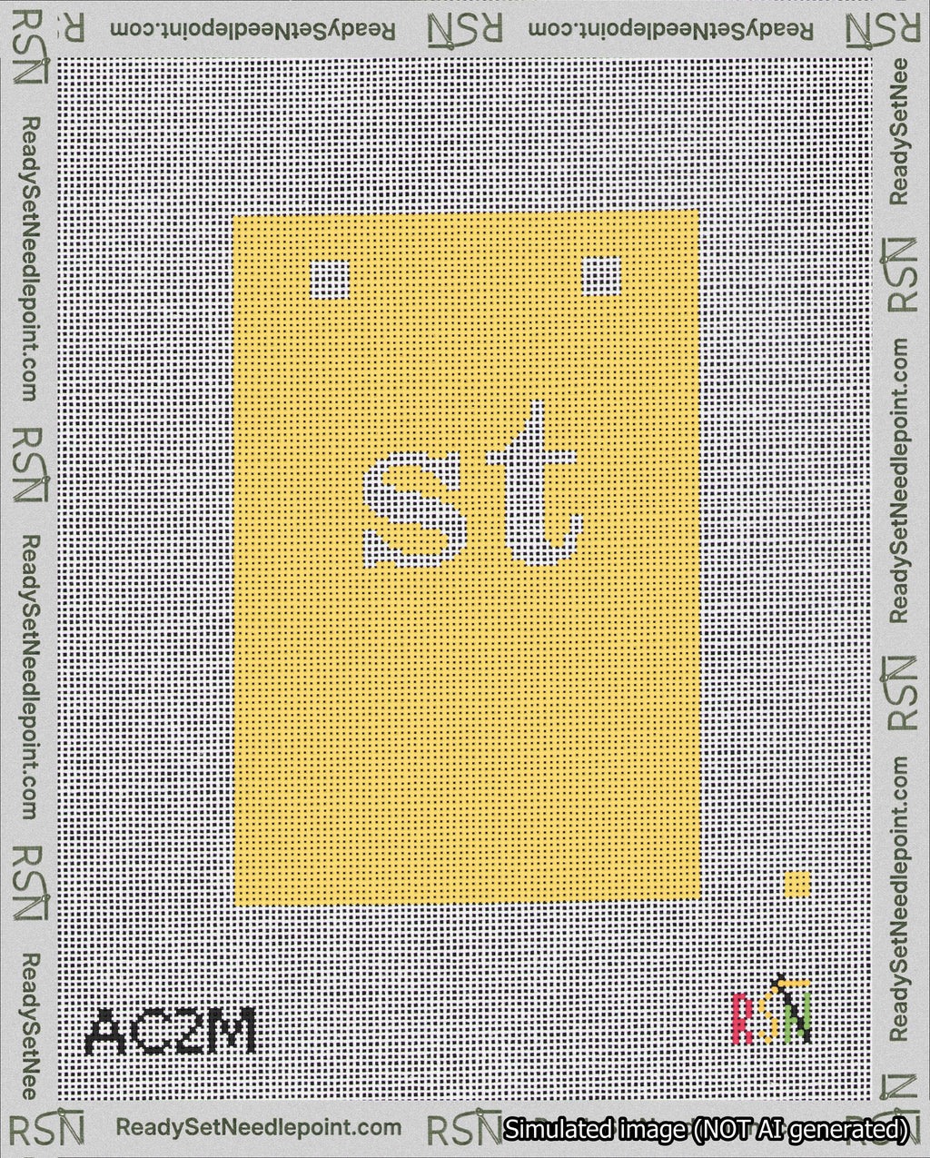 A taped needlepoint canvas with the design: Banner 18 mesh count Squared st White on Yellow.