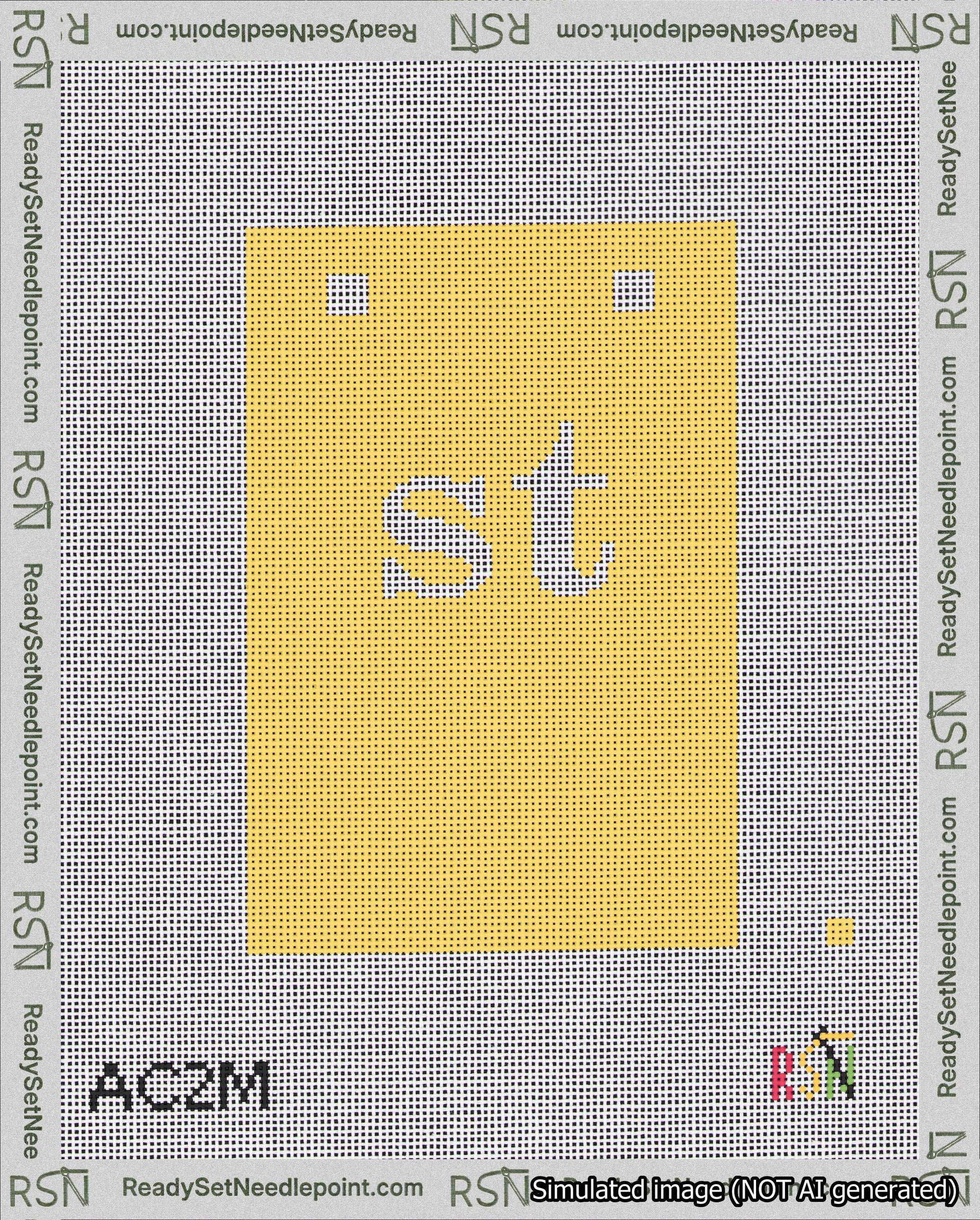 A taped needlepoint canvas with the design: Banner 18 mesh count Squared st White on Yellow.