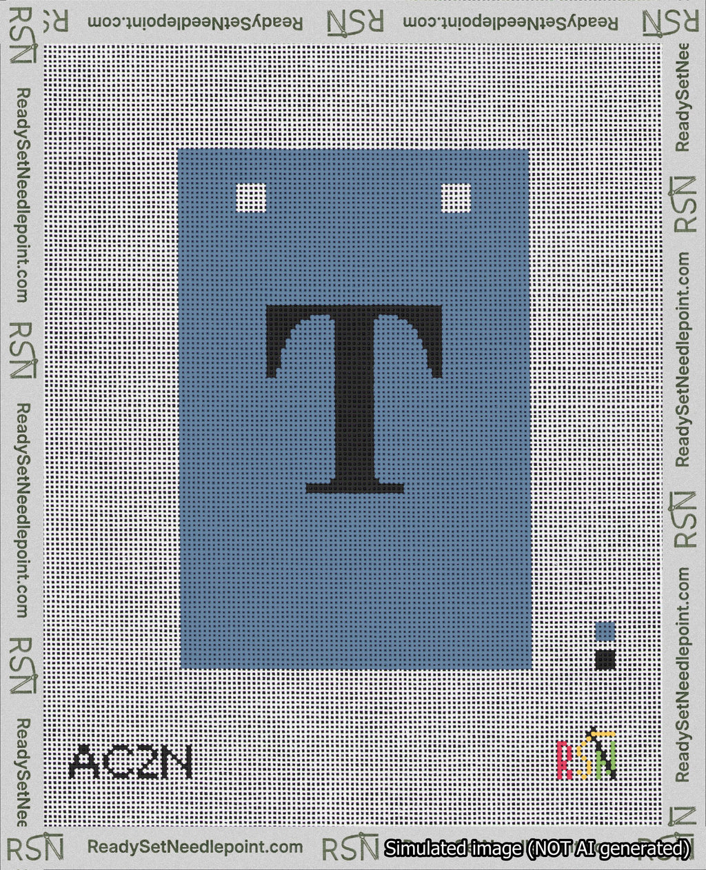 A taped needlepoint canvas with the design: Banner 18 mesh count Squared T Black on Blue.