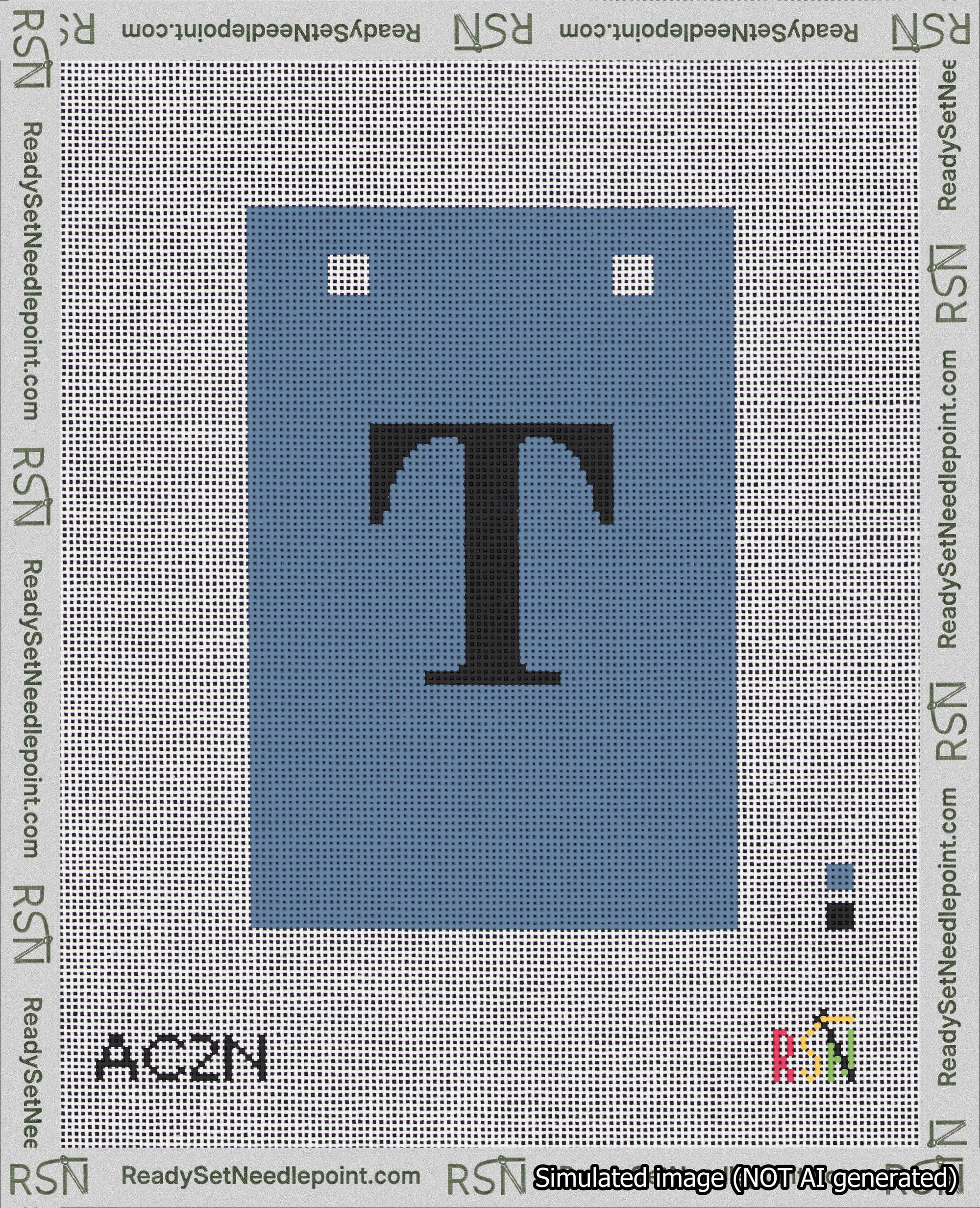A taped needlepoint canvas with the design: Banner 18 mesh count Squared T Black on Blue.
