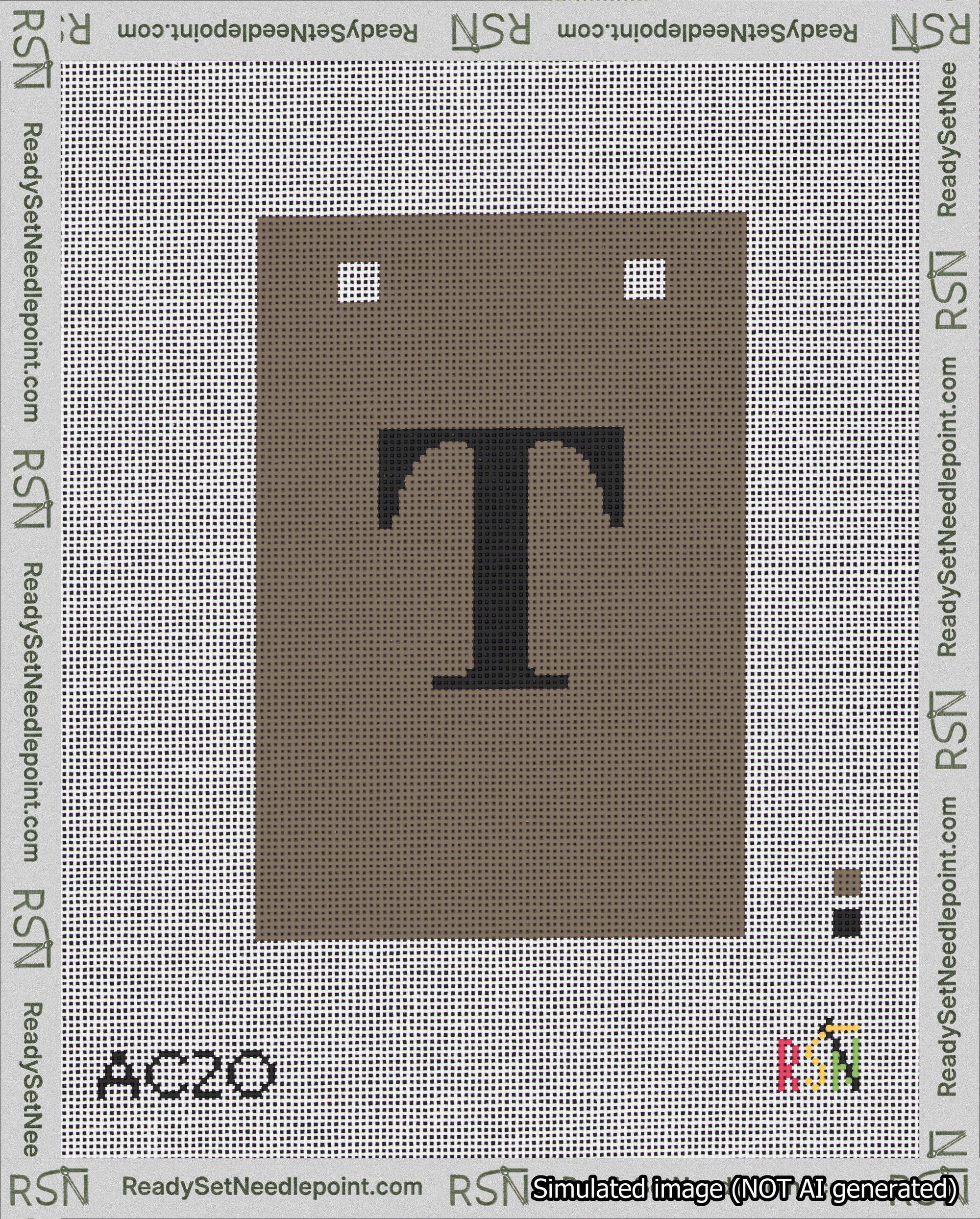 A taped needlepoint canvas with the design: Banner 18 mesh count Squared T Black on Brown.