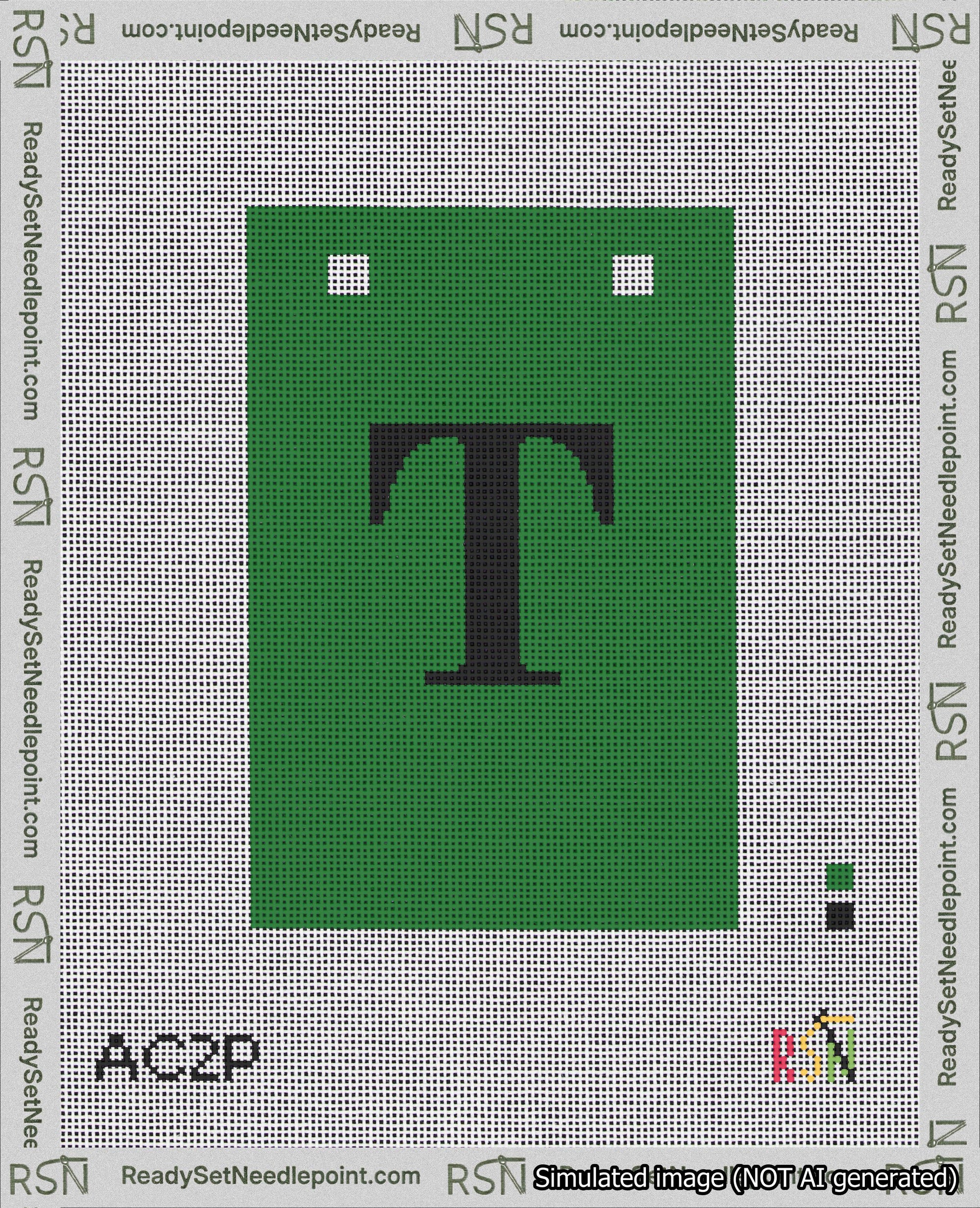 A taped needlepoint canvas with the design: Banner 18 mesh count Squared T Black on Green.