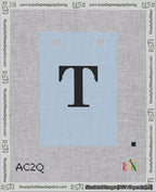 A taped needlepoint canvas with the design: Banner 18 mesh count Squared T Black on Light Blue.