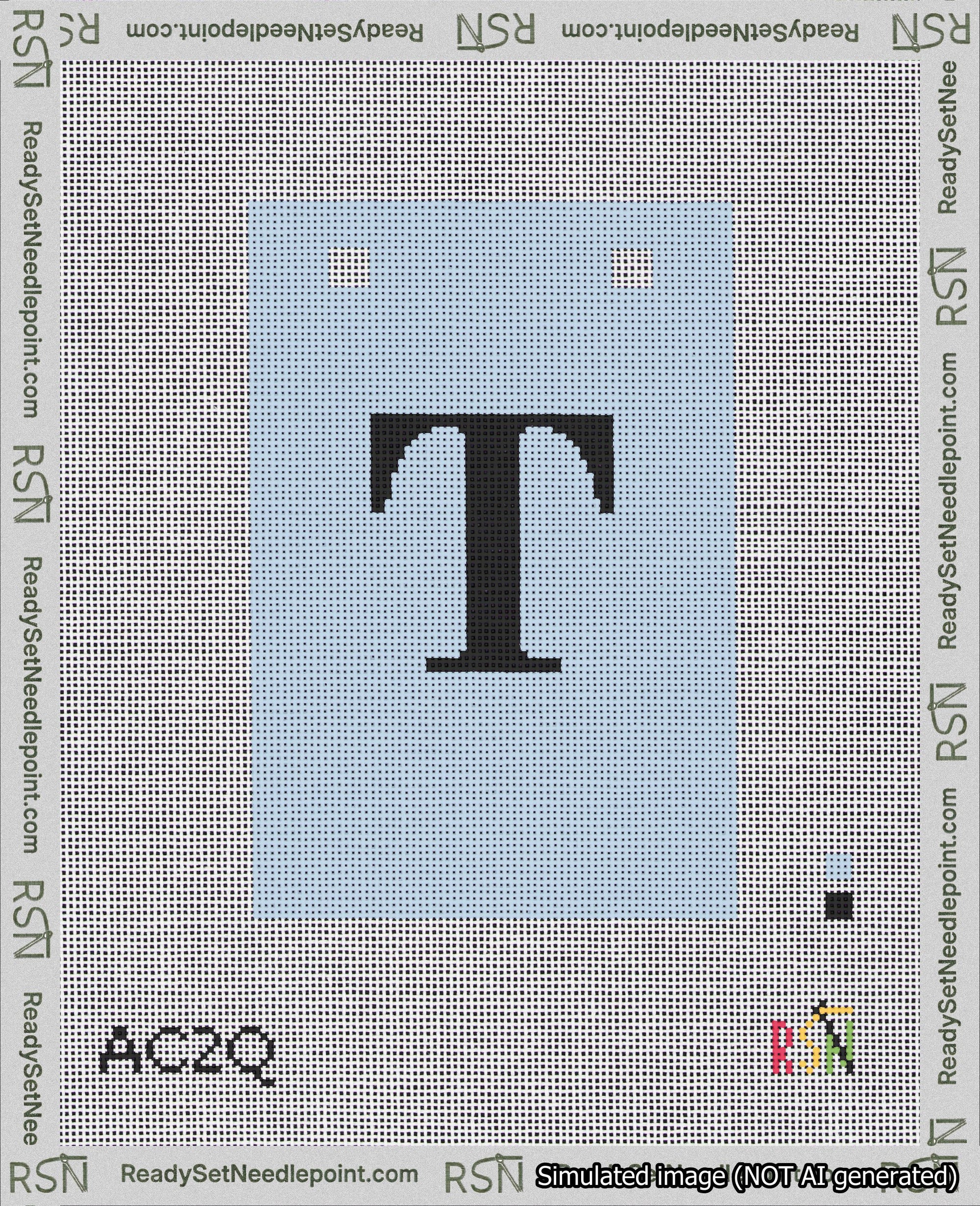 A taped needlepoint canvas with the design: Banner 18 mesh count Squared T Black on Light Blue.