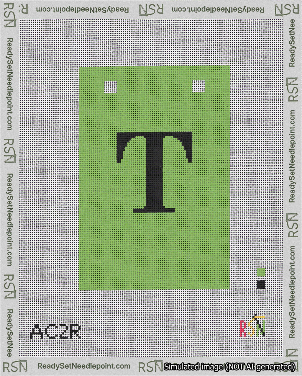 A taped needlepoint canvas with the design: Banner 18 mesh count Squared T Black on Light Green.