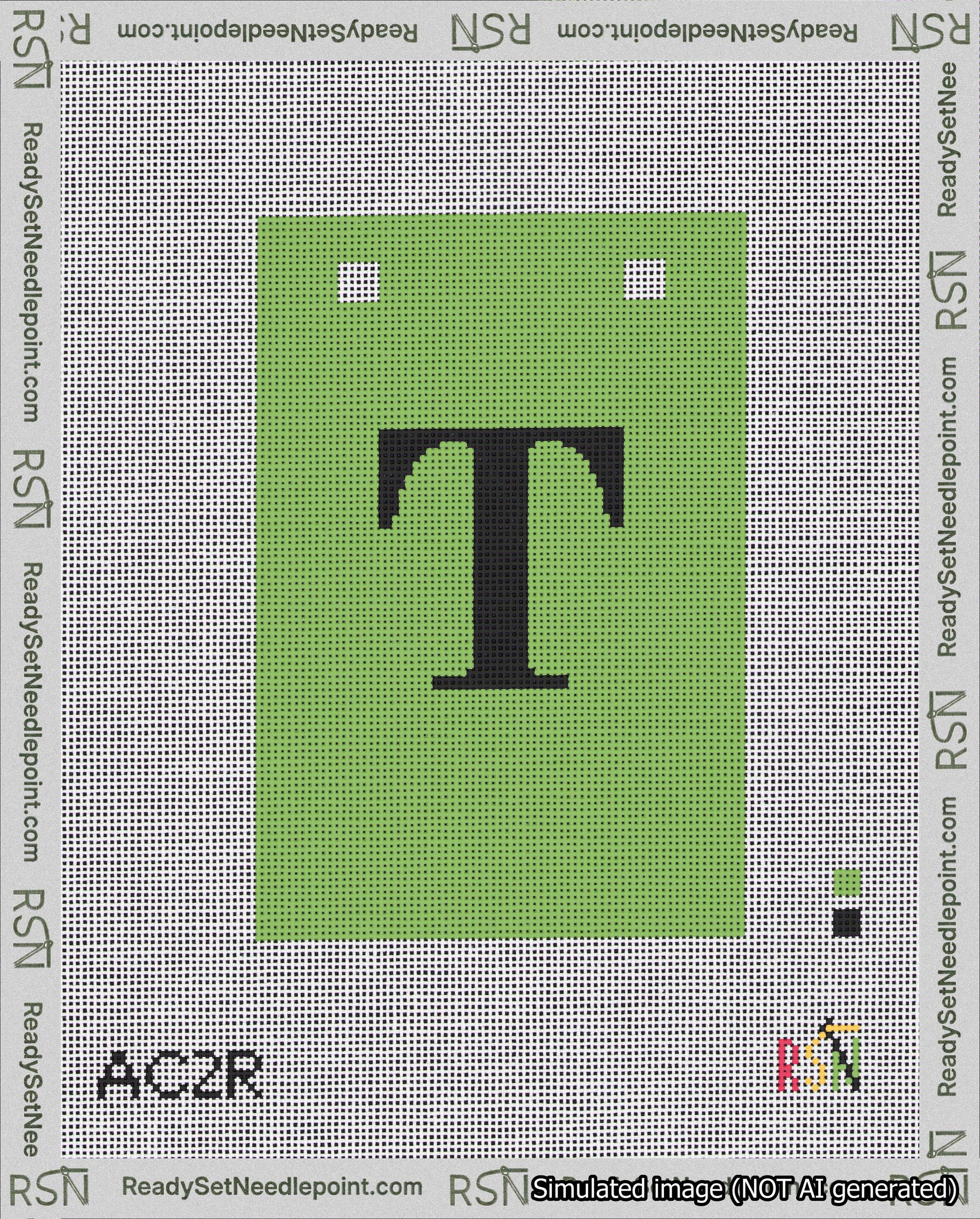 A taped needlepoint canvas with the design: Banner 18 mesh count Squared T Black on Light Green.