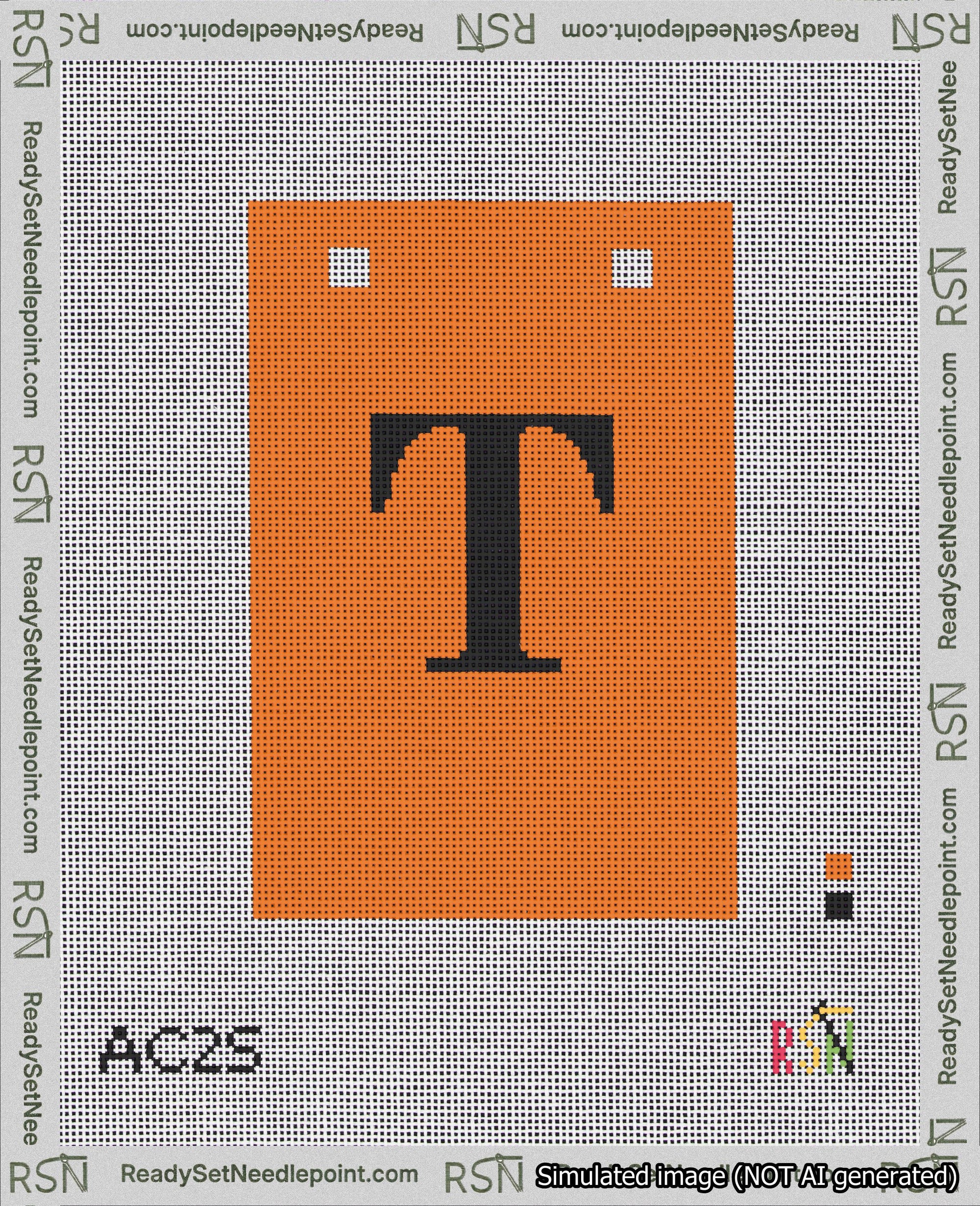 A taped needlepoint canvas with the design: Banner 18 mesh count Squared T Black on Orange.