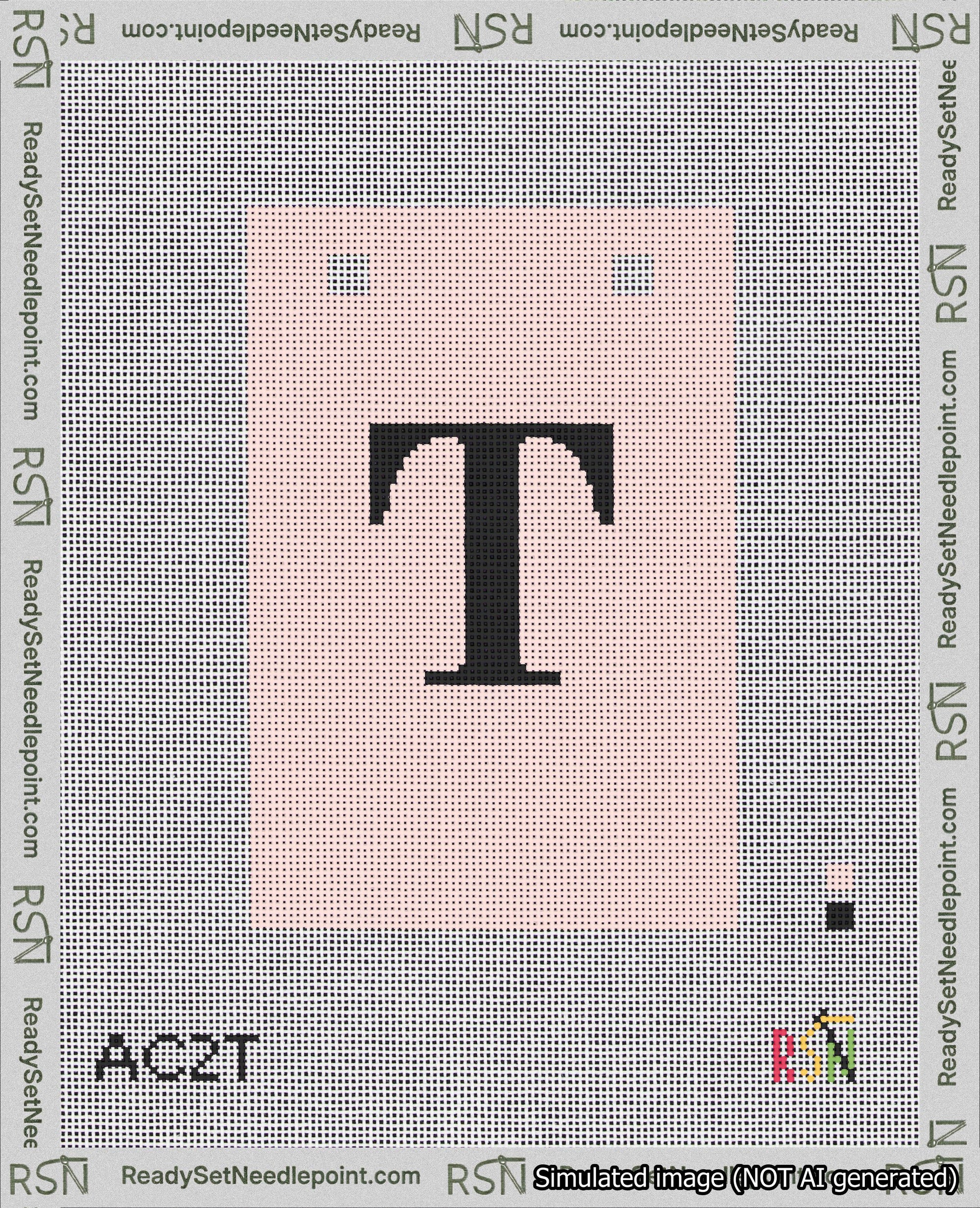 A taped needlepoint canvas with the design: Banner 18 mesh count Squared T Black on Pink.
