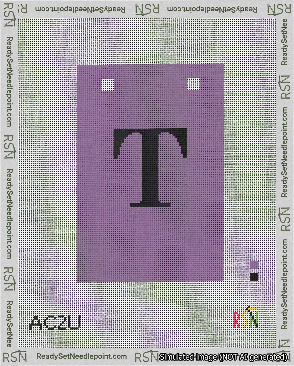 A taped needlepoint canvas with the design: Banner 18 mesh count Squared T Black on Purple.