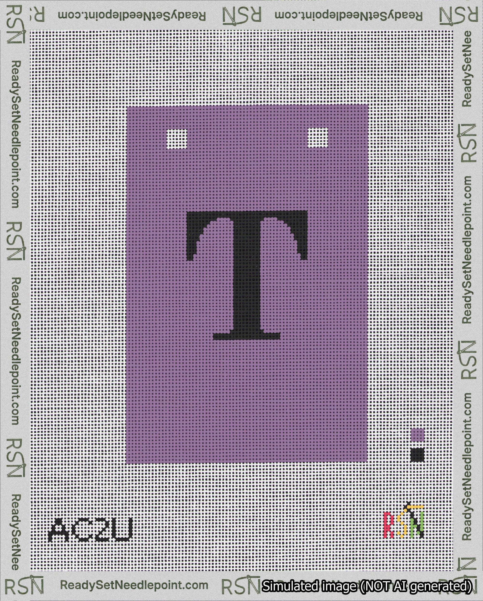 A taped needlepoint canvas with the design: Banner 18 mesh count Squared T Black on Purple.