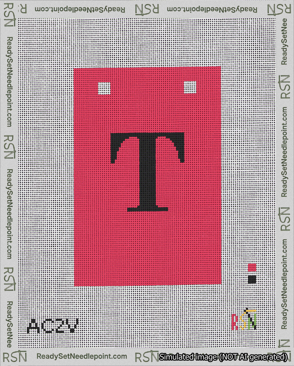 A taped needlepoint canvas with the design: Banner 18 mesh count Squared T Black on Red.