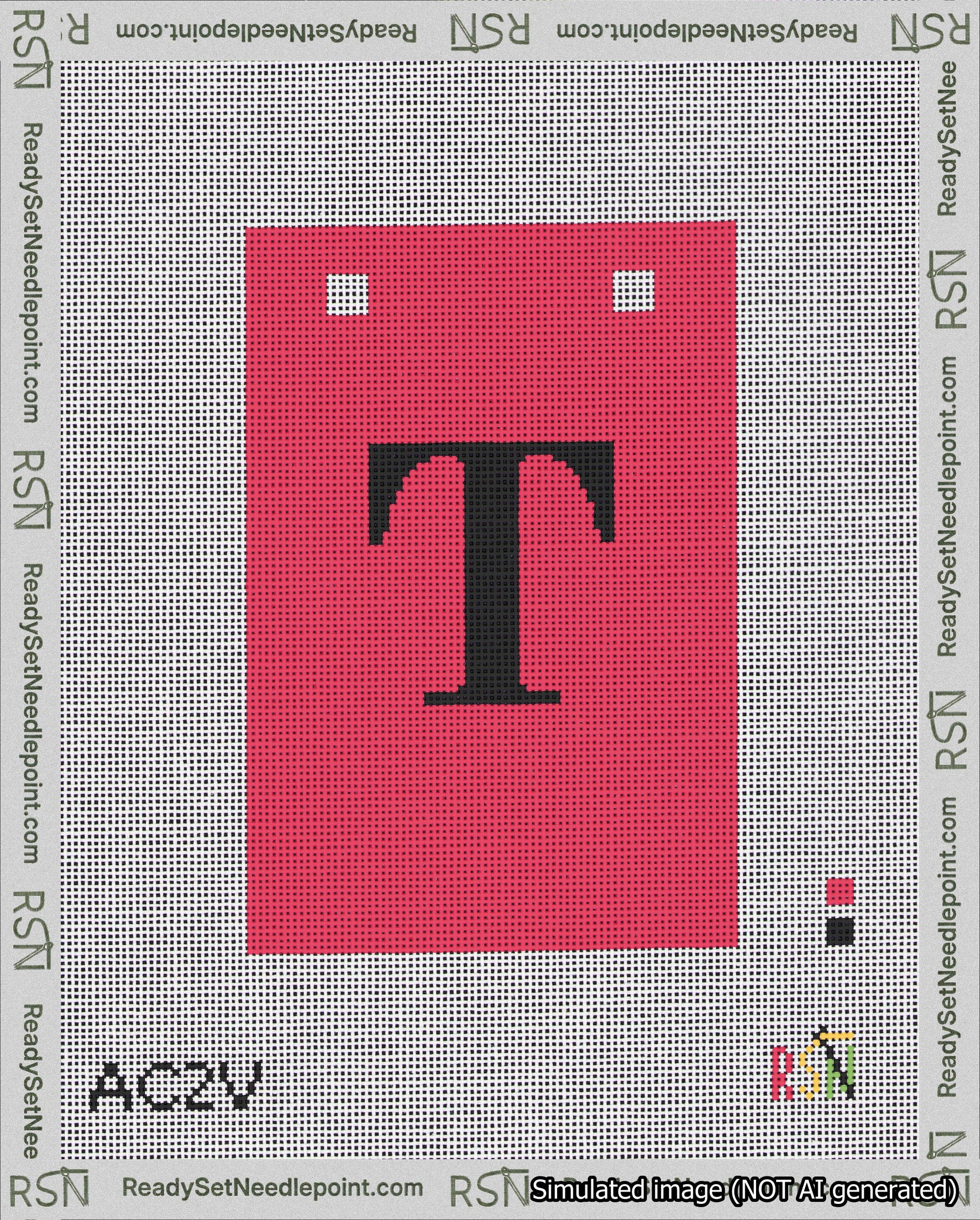A taped needlepoint canvas with the design: Banner 18 mesh count Squared T Black on Red.