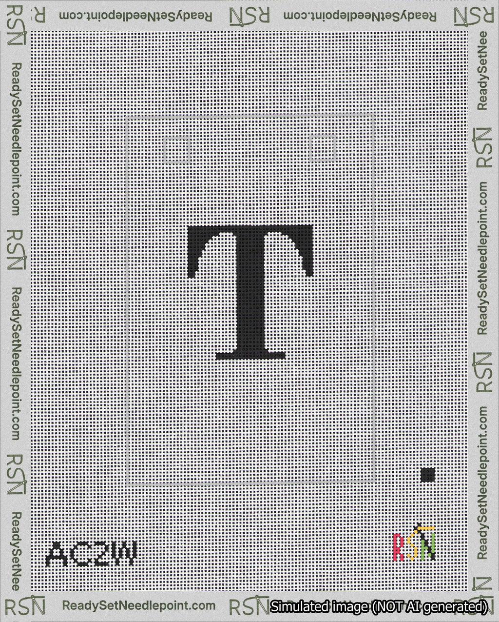 A taped needlepoint canvas with the design: Banner 18 mesh count Squared T Black on White.