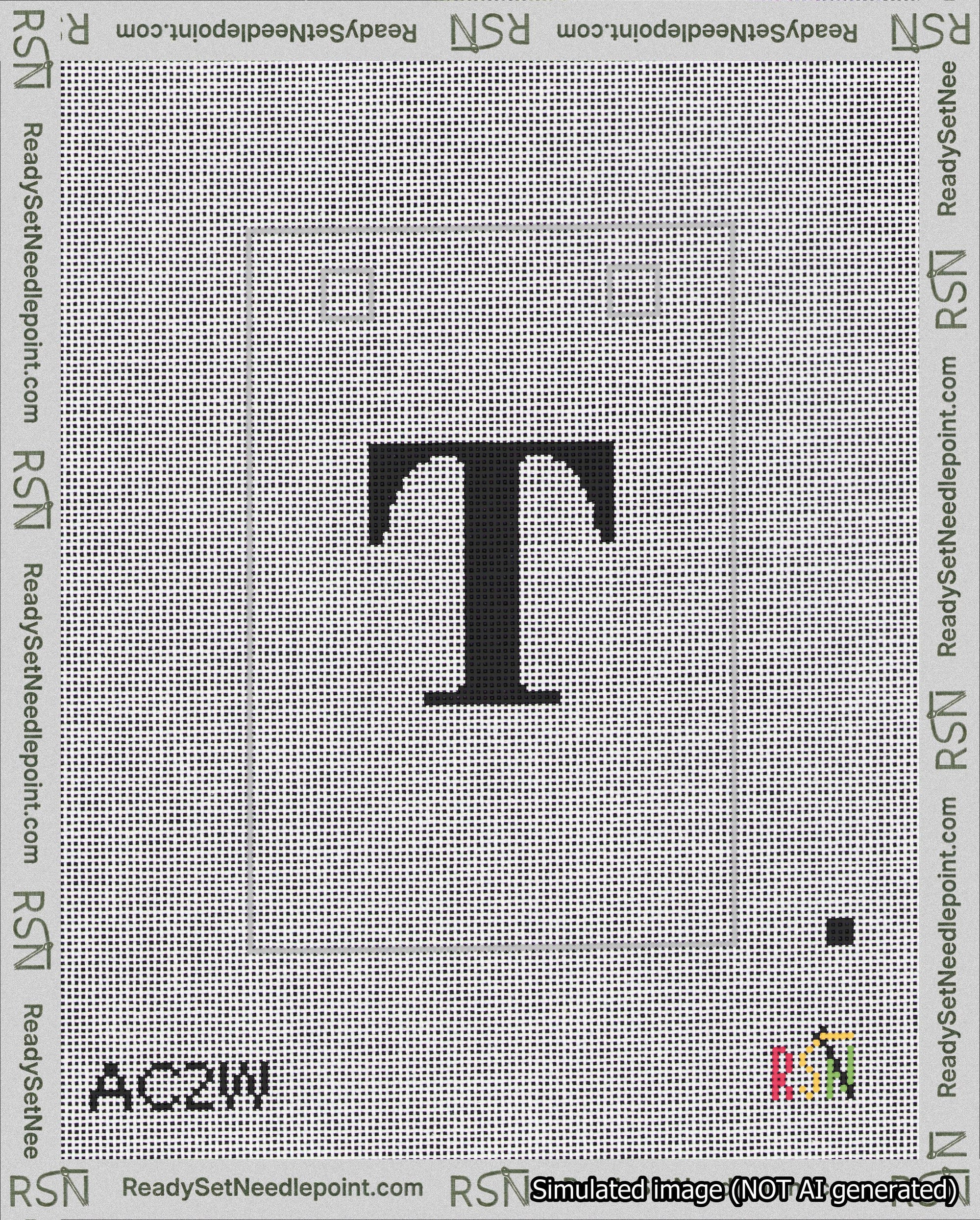 A taped needlepoint canvas with the design: Banner 18 mesh count Squared T Black on White.