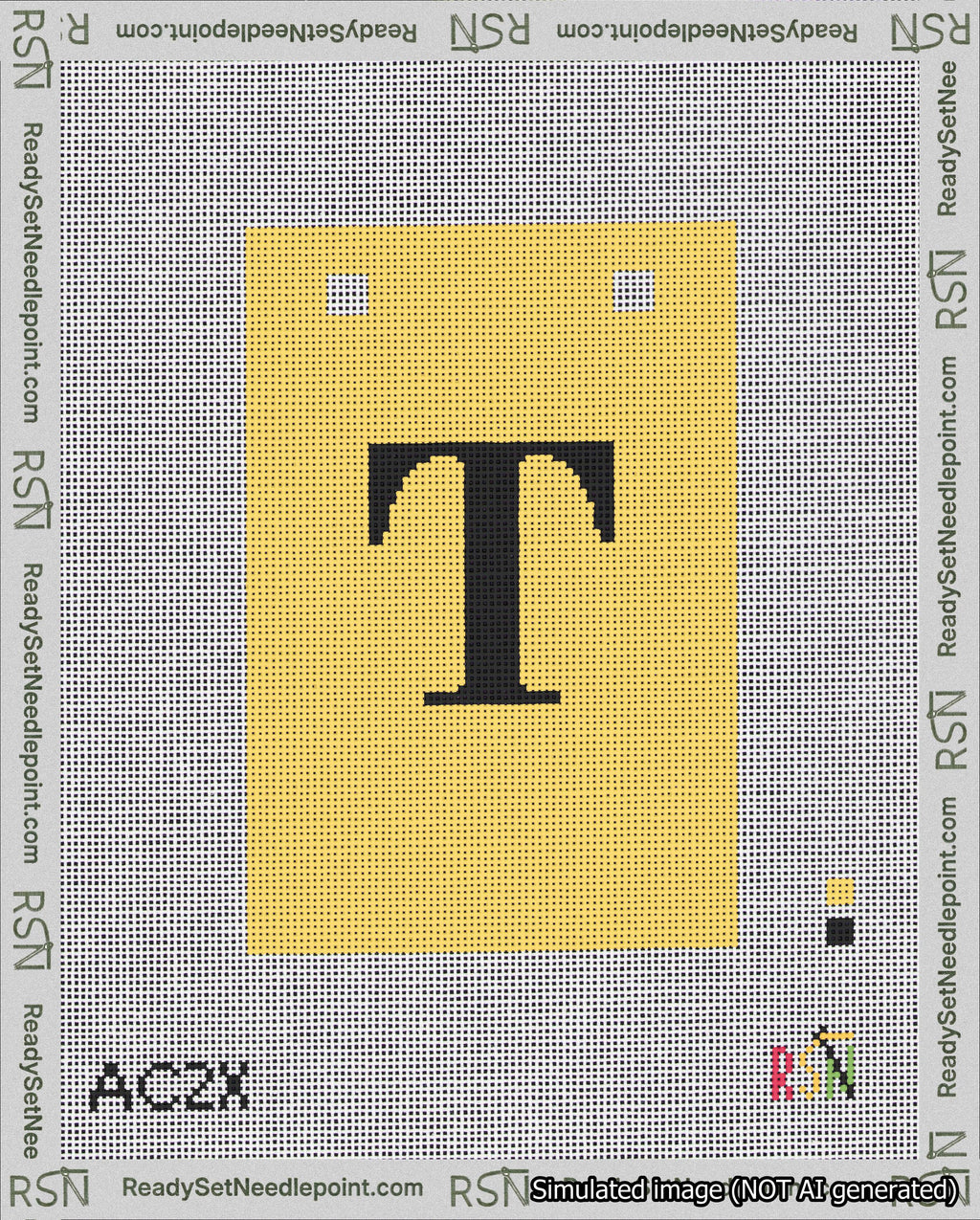 A taped needlepoint canvas with the design: Banner 18 mesh count Squared T Black on Yellow.