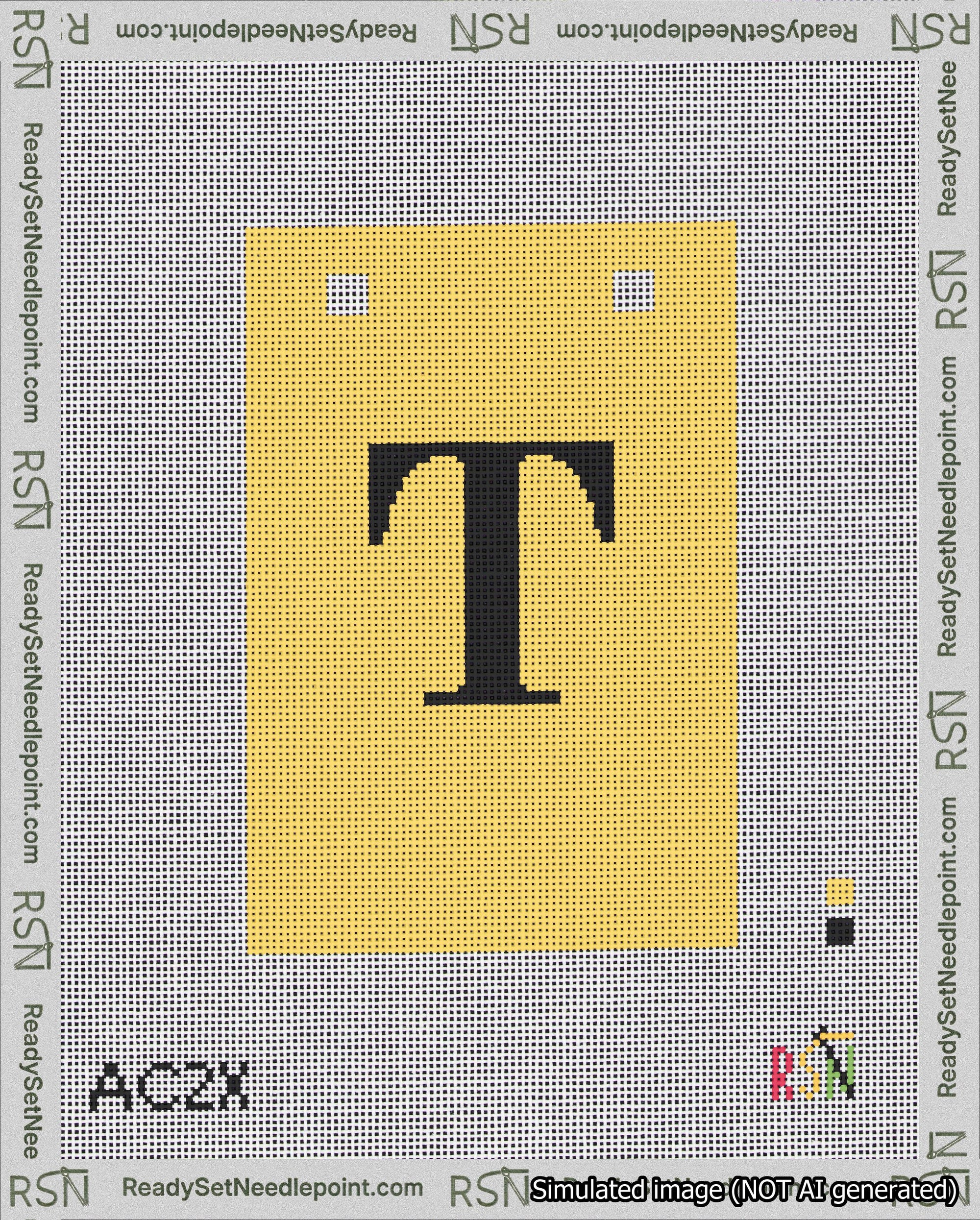 A taped needlepoint canvas with the design: Banner 18 mesh count Squared T Black on Yellow.