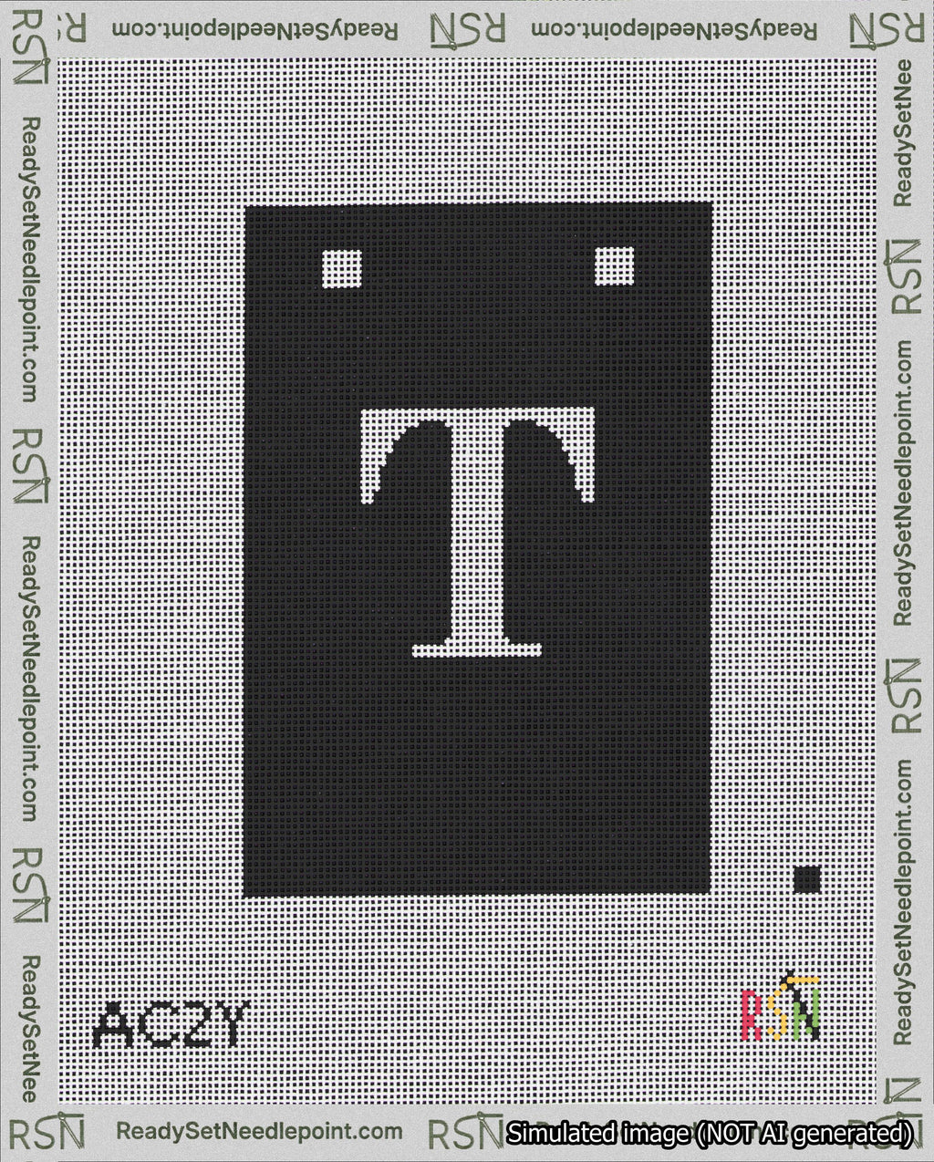 A taped needlepoint canvas with the design: Banner 18 mesh count Squared T White on Black.