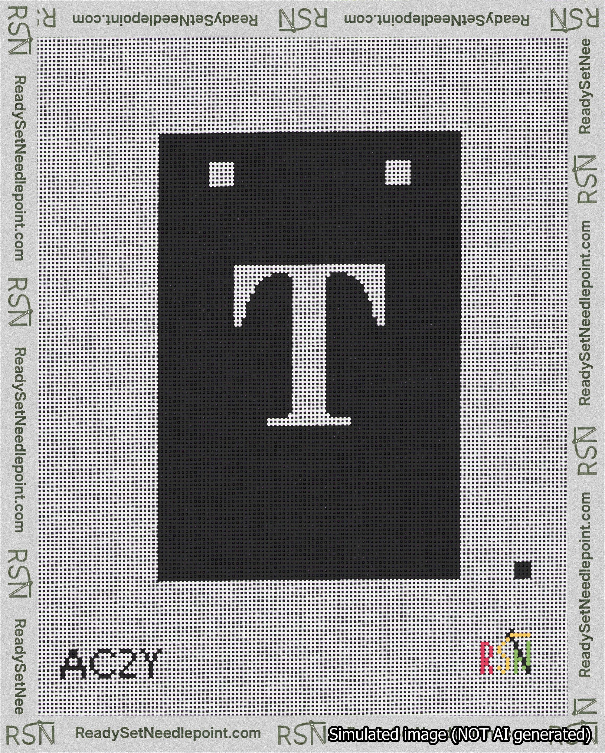 A taped needlepoint canvas with the design: Banner 18 mesh count Squared T White on Black.