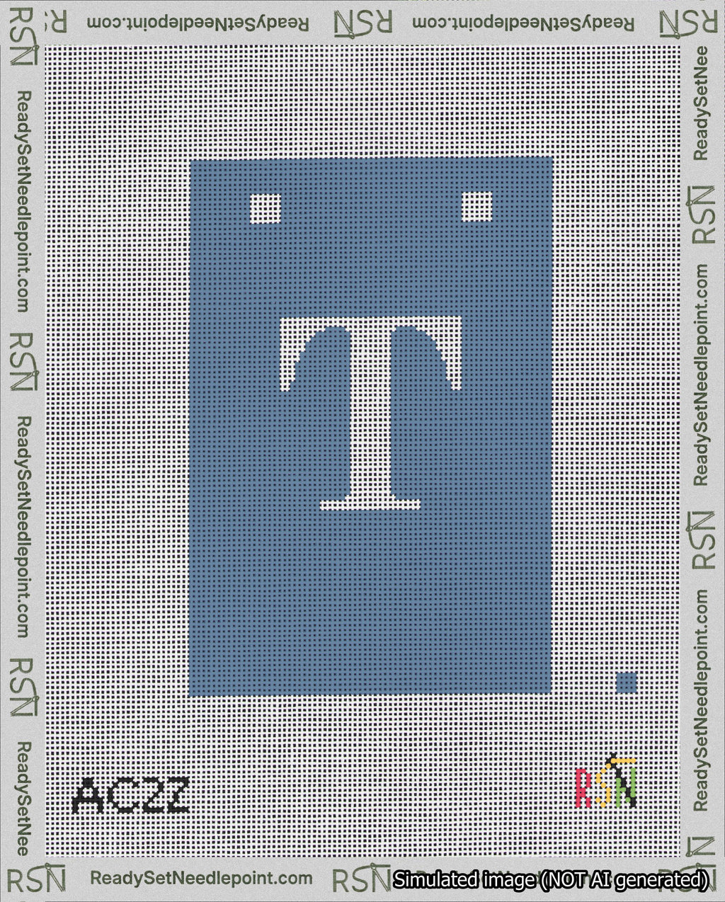 A taped needlepoint canvas with the design: Banner 18 mesh count Squared T White on Blue.