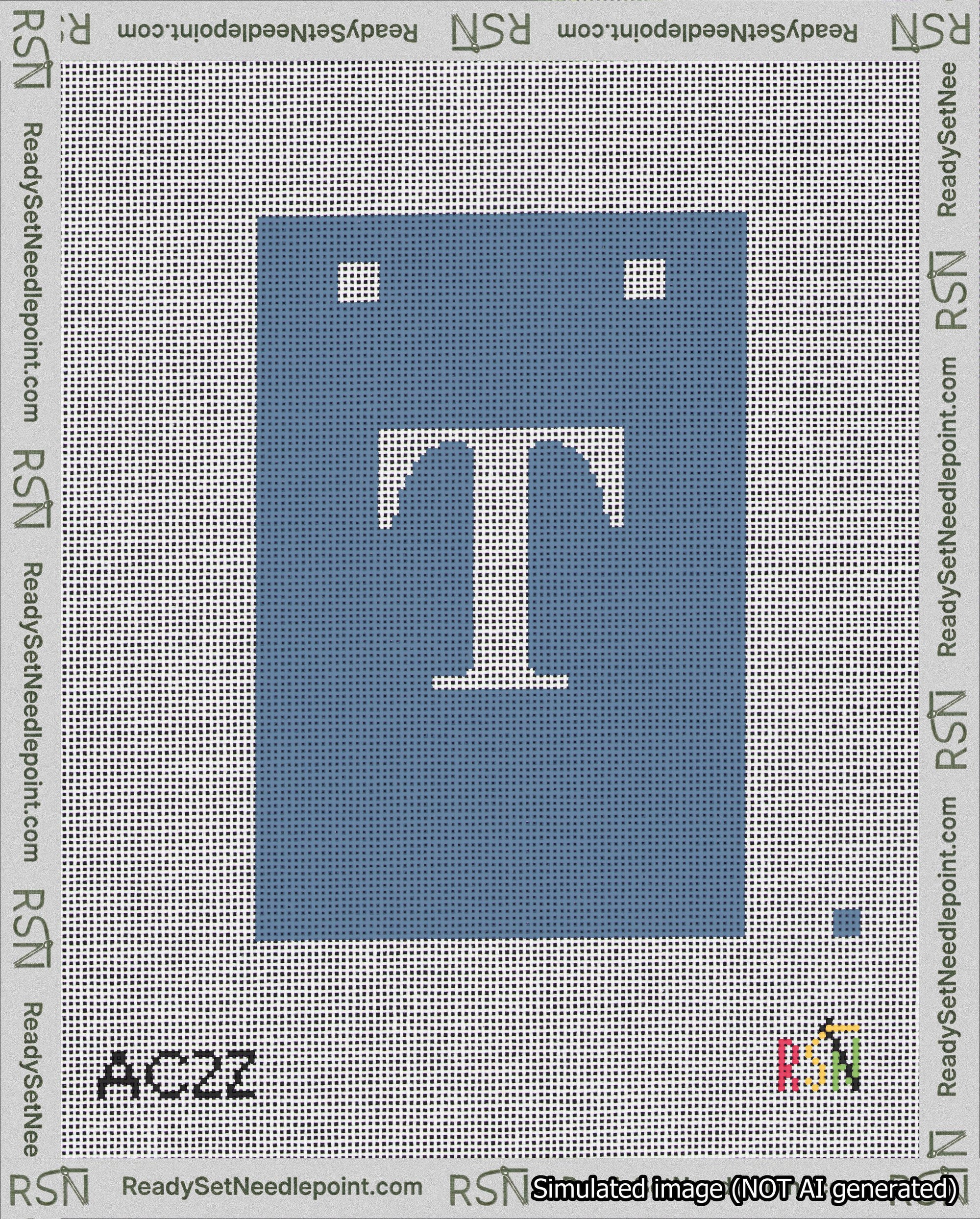 A taped needlepoint canvas with the design: Banner 18 mesh count Squared T White on Blue.