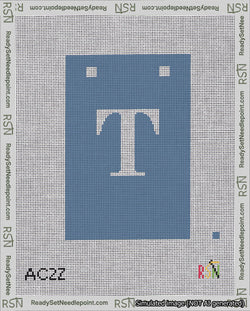 A taped needlepoint canvas with the design: Banner 18 mesh count Squared T White on Blue.