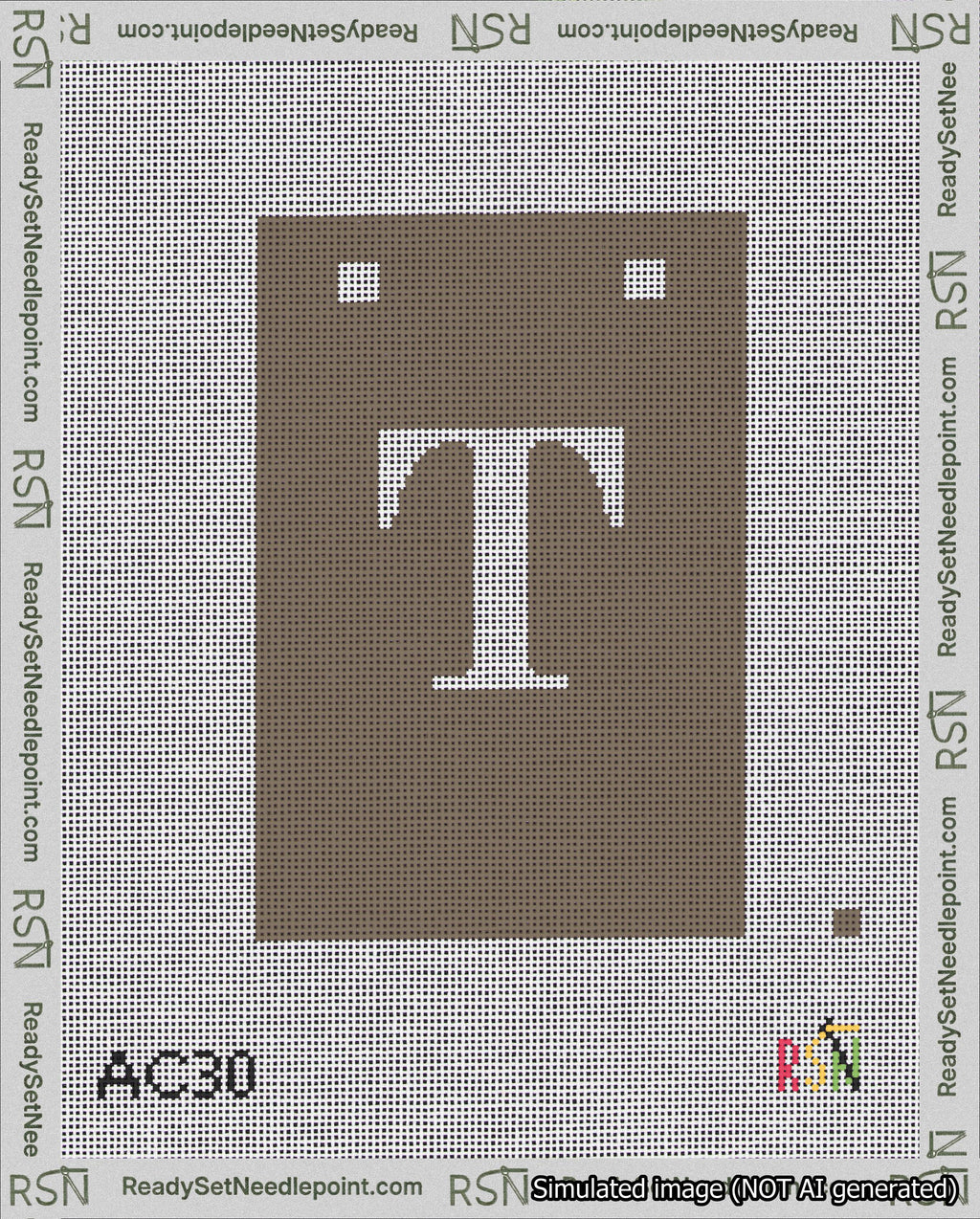 A taped needlepoint canvas with the design: Banner 18 mesh count Squared T White on Brown.