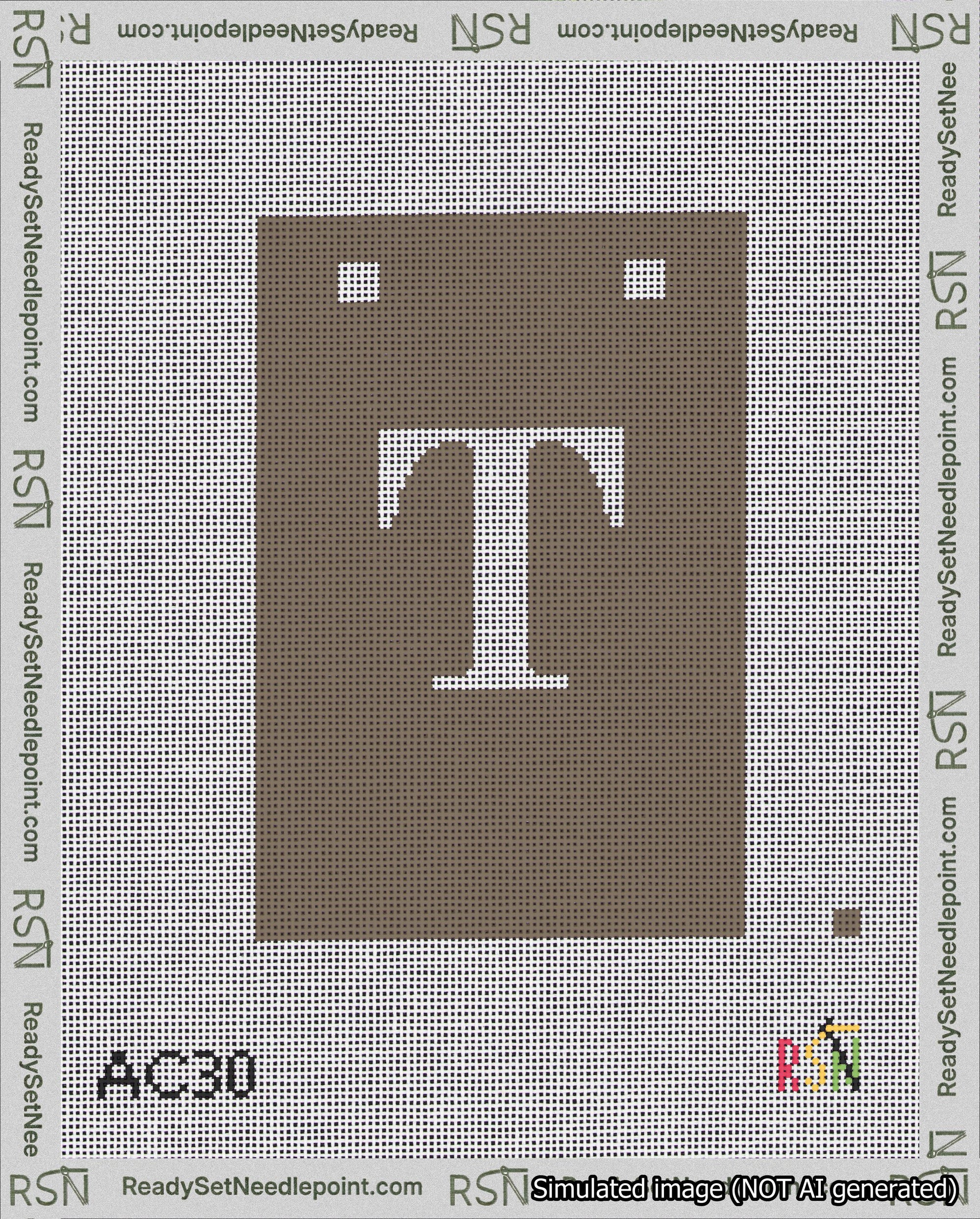 A taped needlepoint canvas with the design: Banner 18 mesh count Squared T White on Brown.
