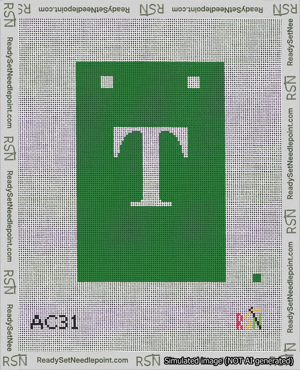 A taped needlepoint canvas with the design: Banner 18 mesh count Squared T White on Green.
