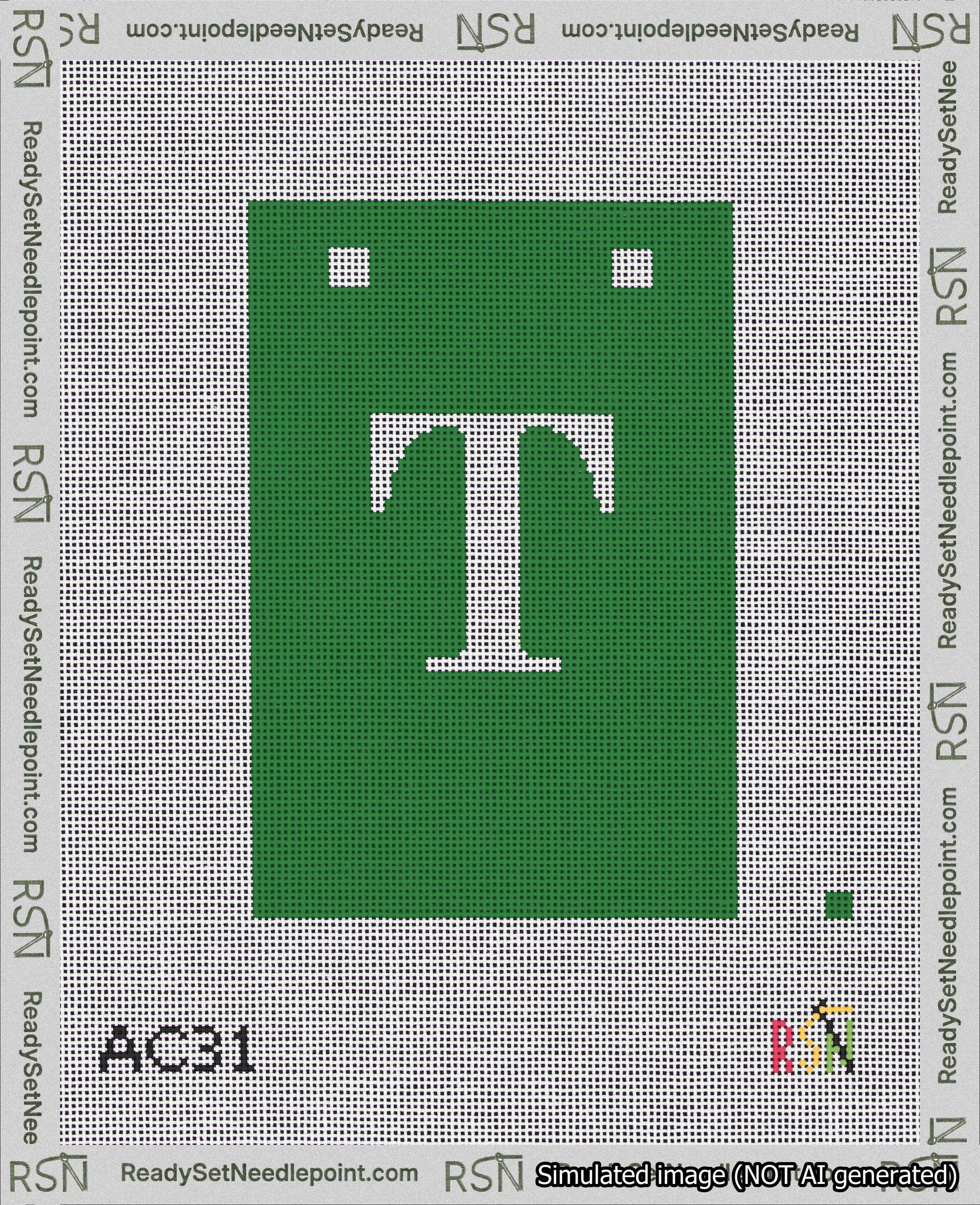 A taped needlepoint canvas with the design: Banner 18 mesh count Squared T White on Green.