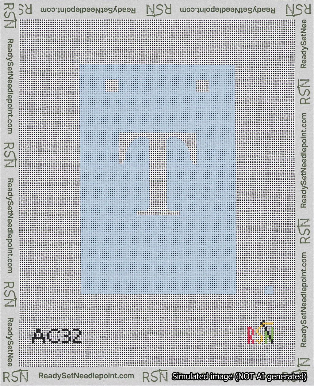 A taped needlepoint canvas with the design: Banner 18 mesh count Squared T White on Light Blue.