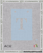 A taped needlepoint canvas with the design: Banner 18 mesh count Squared T White on Light Blue.