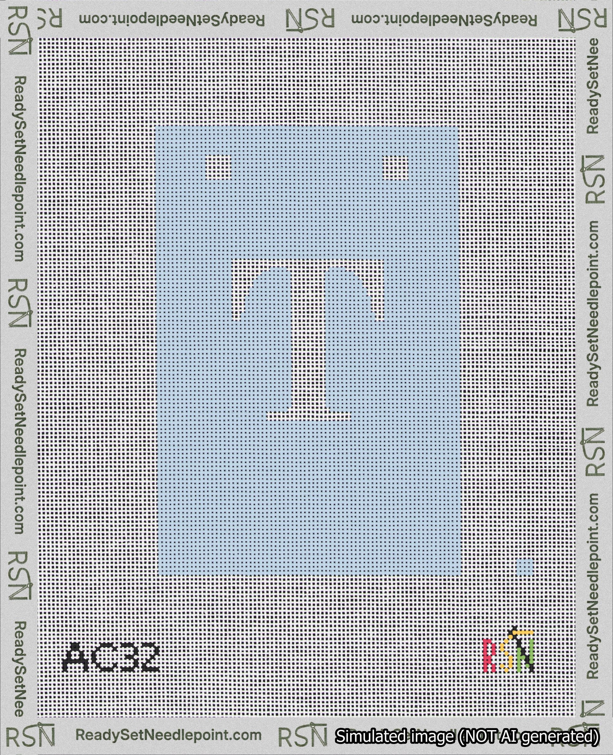 A taped needlepoint canvas with the design: Banner 18 mesh count Squared T White on Light Blue.