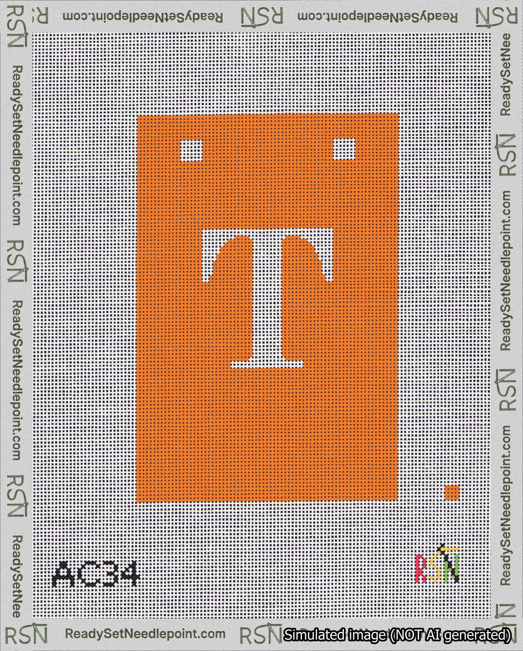 A taped needlepoint canvas with the design: Banner 18 mesh count Squared T White on Orange.