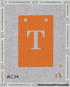 A taped needlepoint canvas with the design: Banner 18 mesh count Squared T White on Orange.