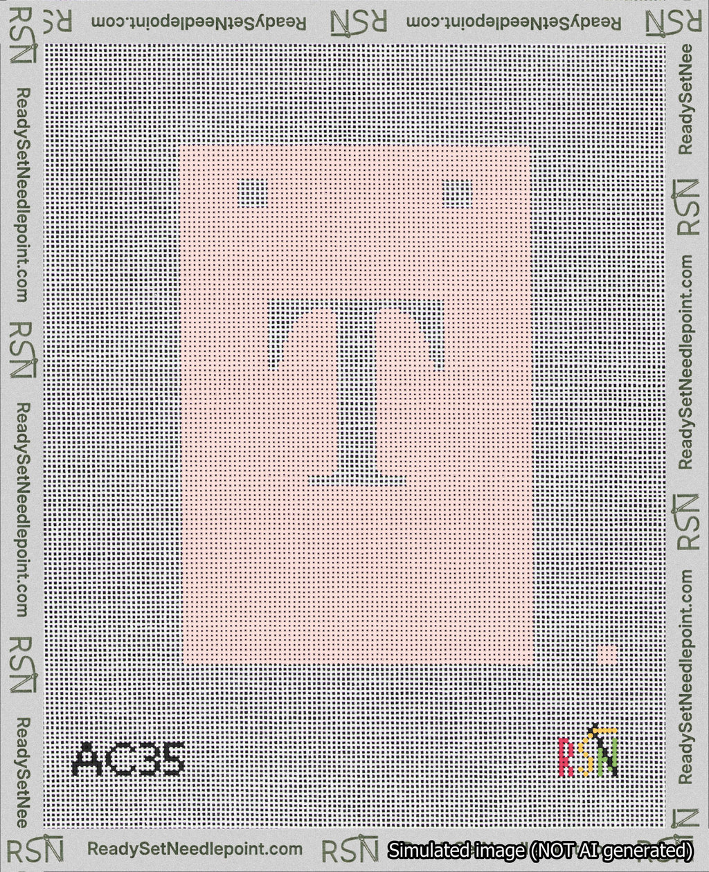 A taped needlepoint canvas with the design: Banner 18 mesh count Squared T White on Pink.