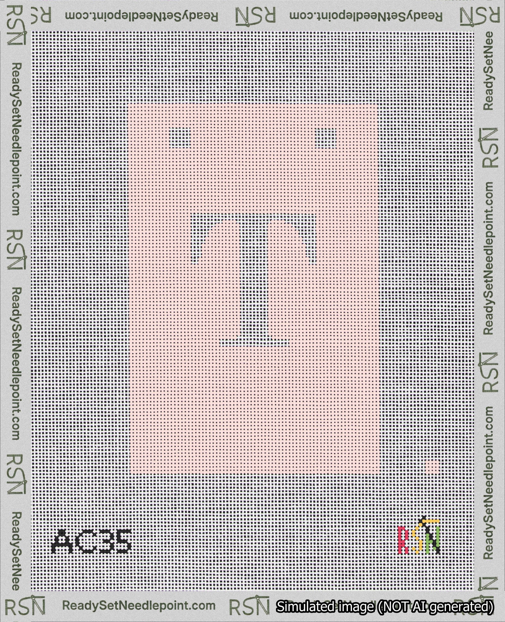 A taped needlepoint canvas with the design: Banner 18 mesh count Squared T White on Pink.