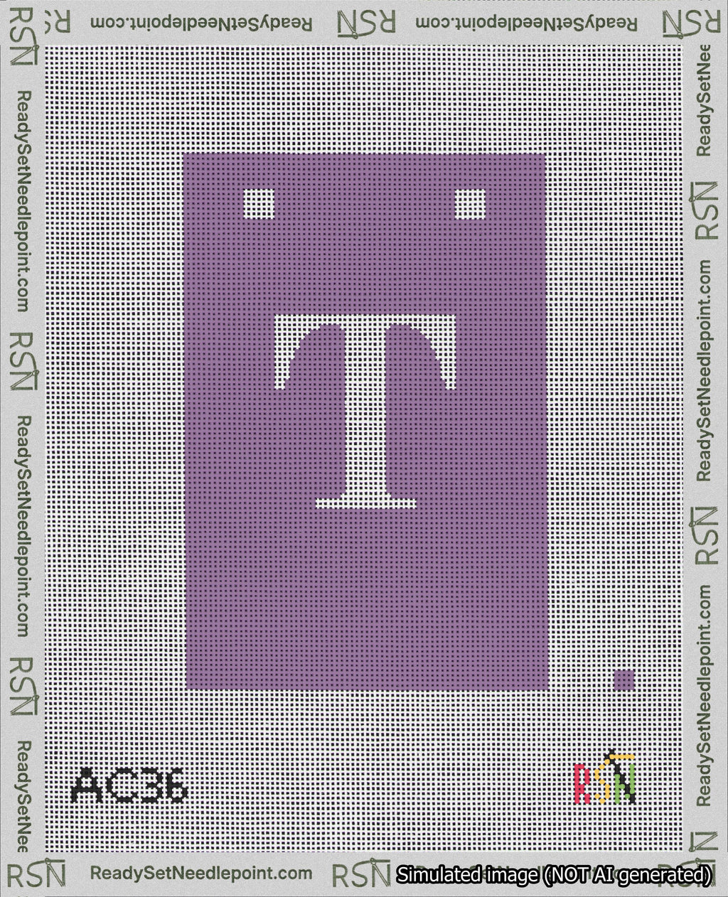 A taped needlepoint canvas with the design: Banner 18 mesh count Squared T White on Purple.