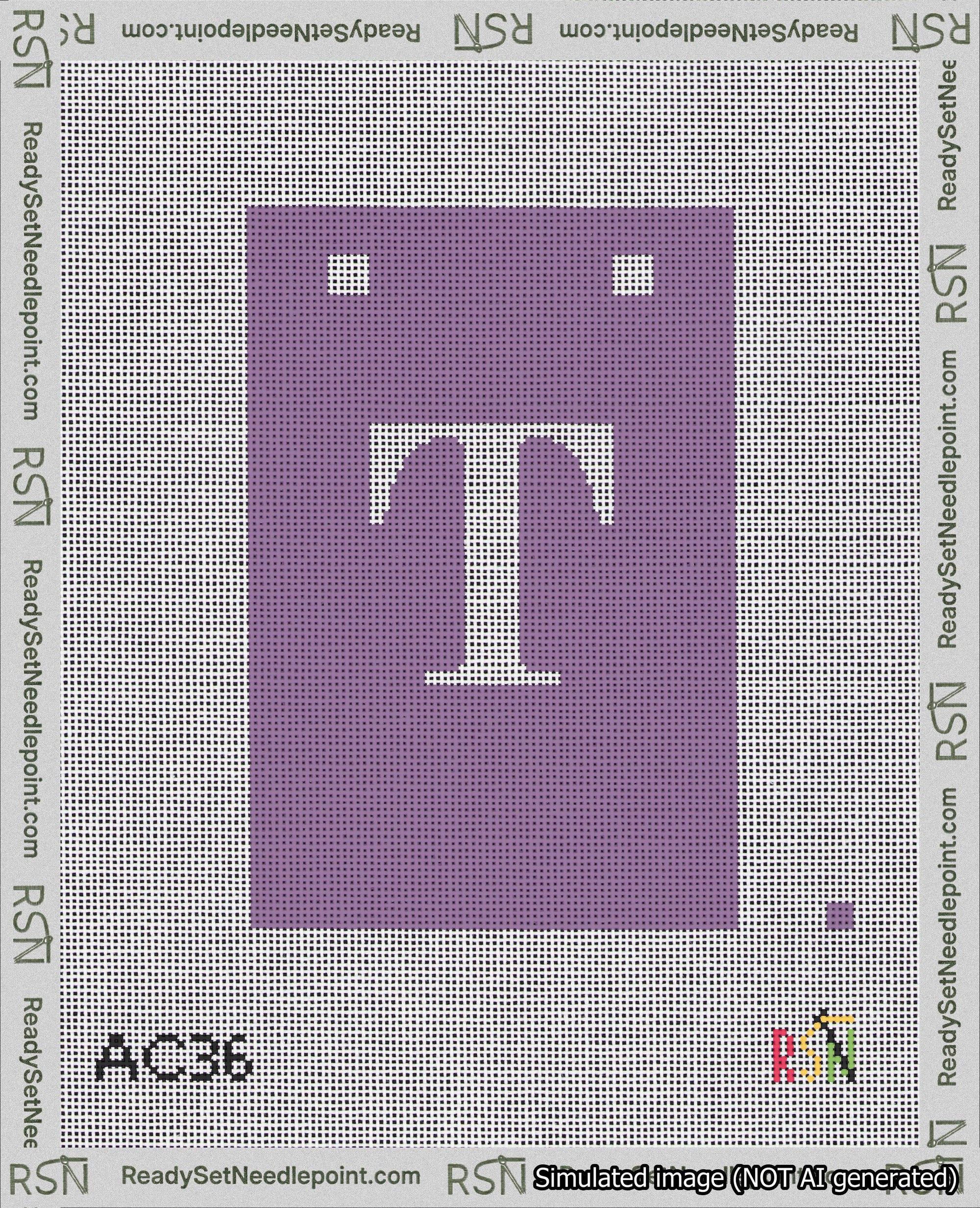 A taped needlepoint canvas with the design: Banner 18 mesh count Squared T White on Purple.