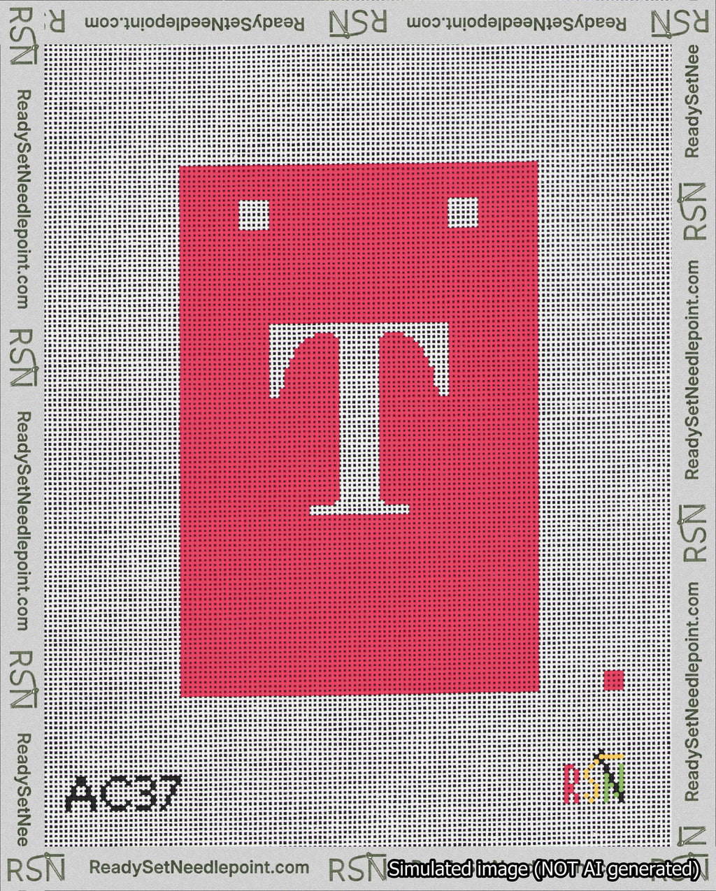 A taped needlepoint canvas with the design: Banner 18 mesh count Squared T White on Red.