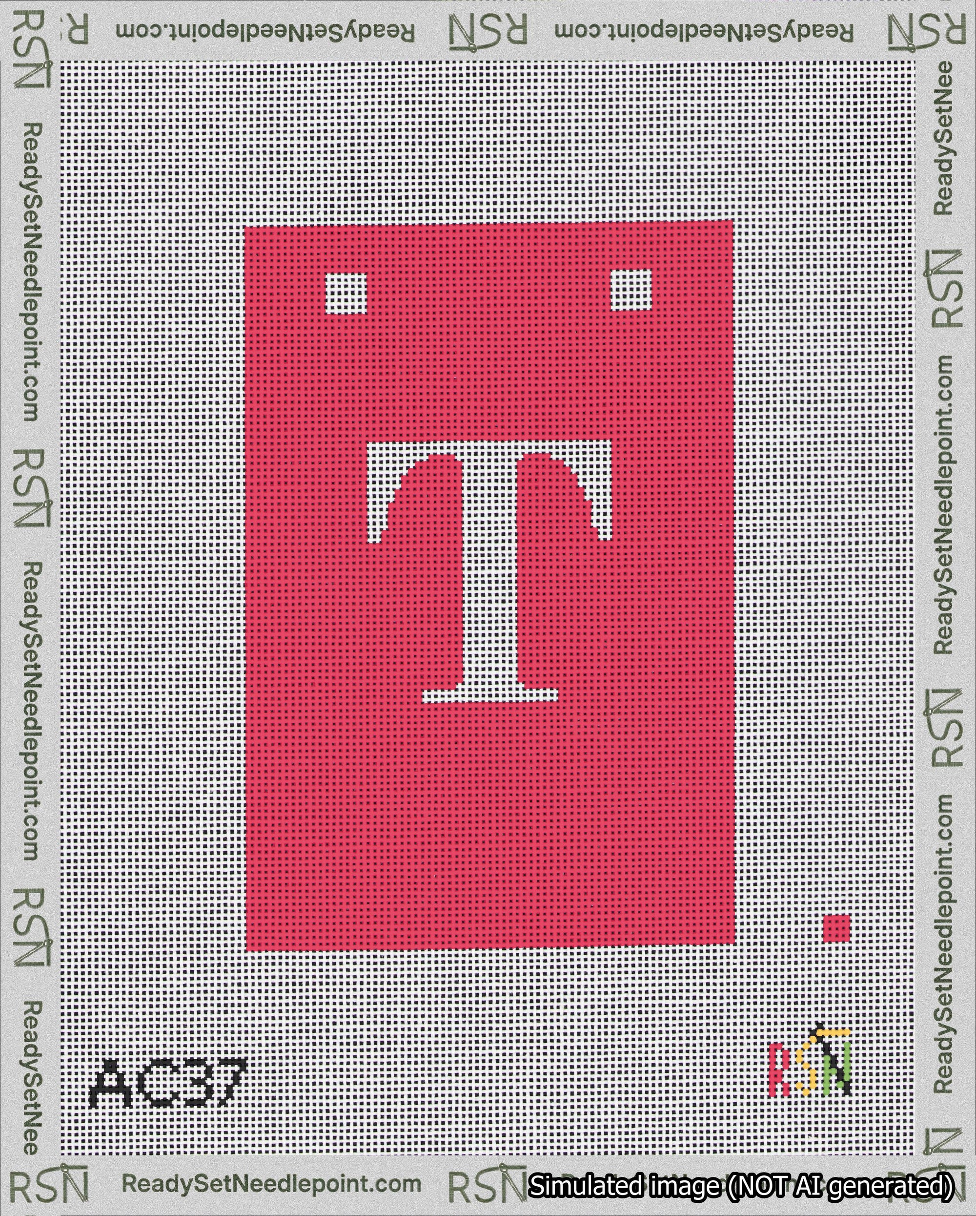 A taped needlepoint canvas with the design: Banner 18 mesh count Squared T White on Red.