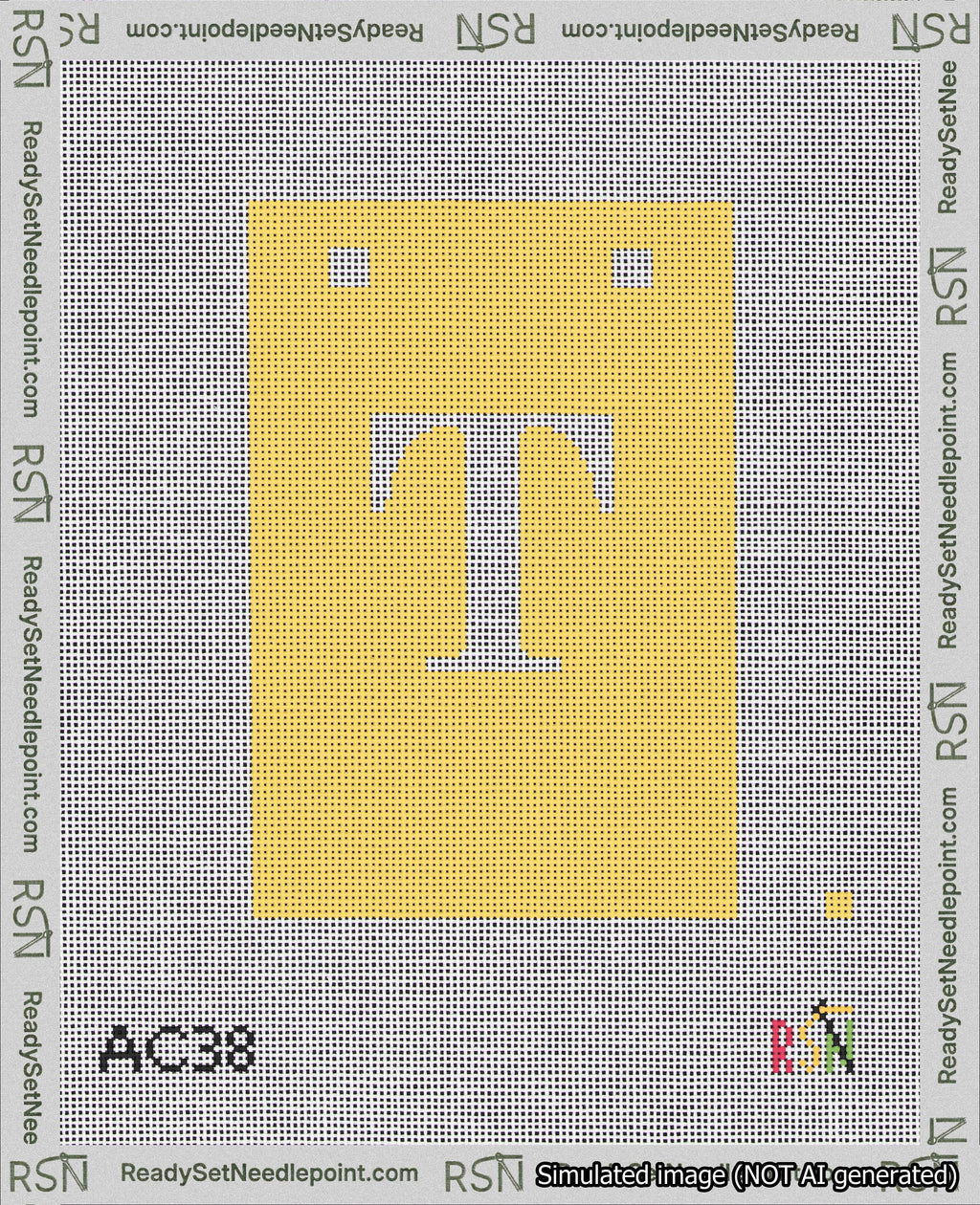A taped needlepoint canvas with the design: Banner 18 mesh count Squared T White on Yellow.