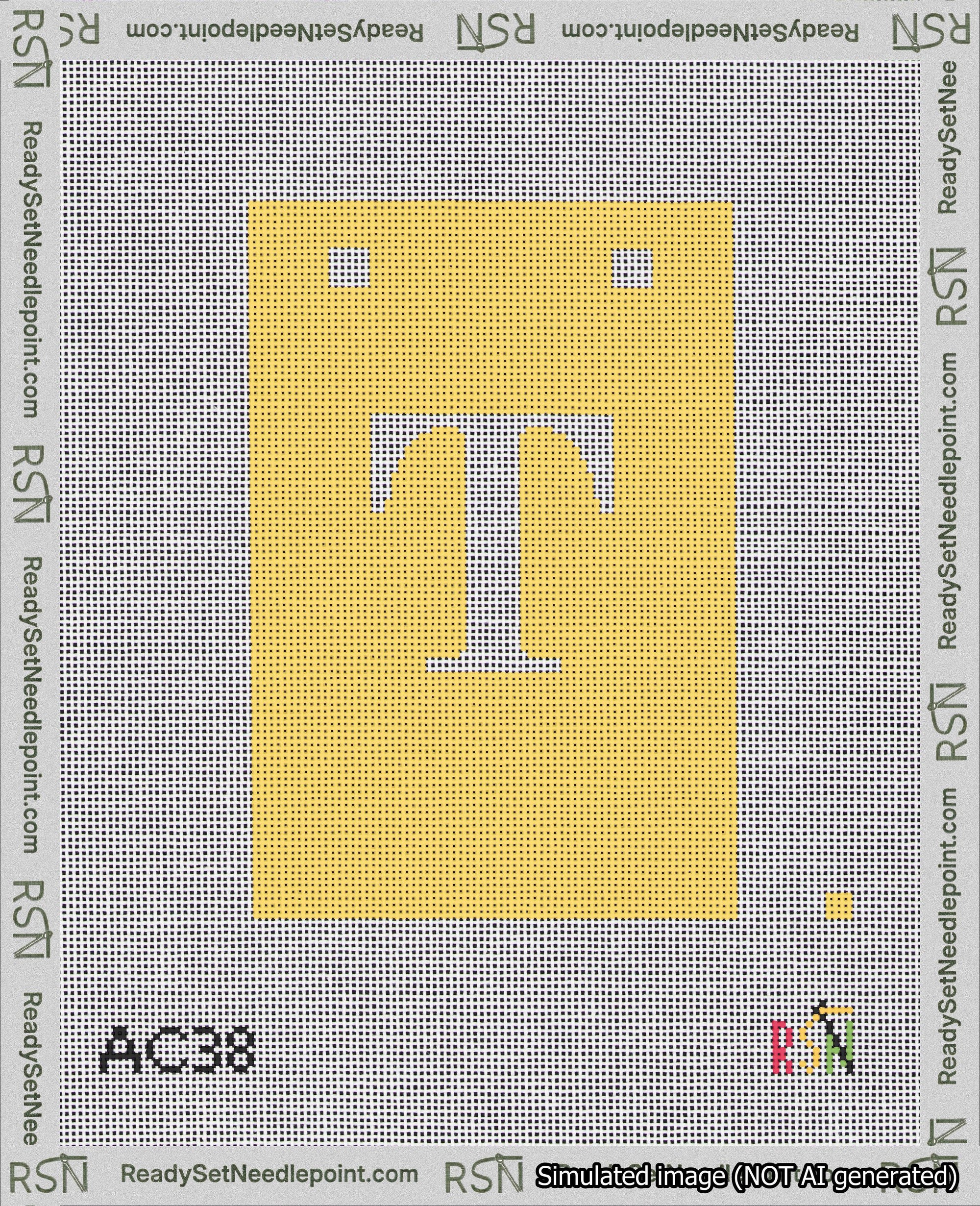 A taped needlepoint canvas with the design: Banner 18 mesh count Squared T White on Yellow.