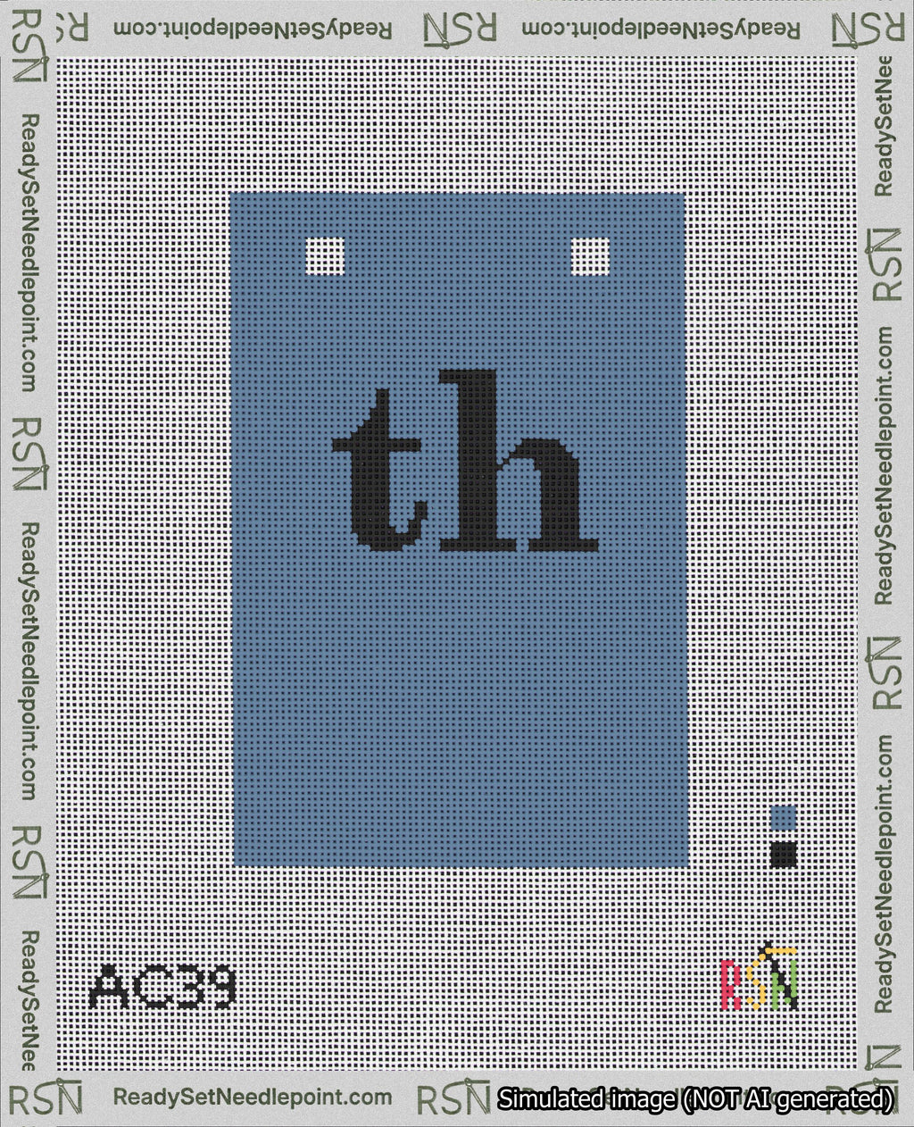 A taped needlepoint canvas with the design: Banner 18 mesh count Squared th Black on Blue.